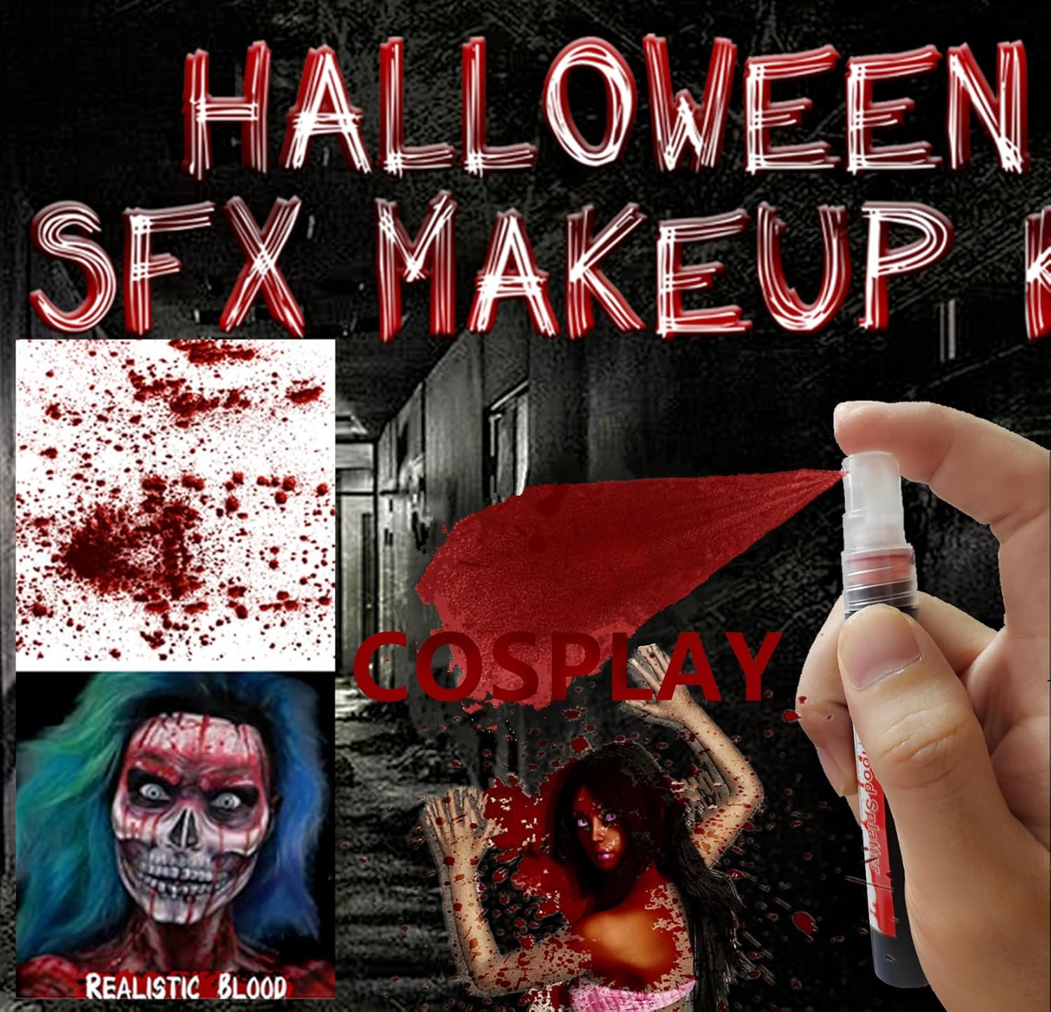 Go Ho Salpicaduras de sangre, maquillaje de sangre falsa (0.35 onzas), aerosol de sangre falsa para Halloween, gotas de sangre para ojos, pintura