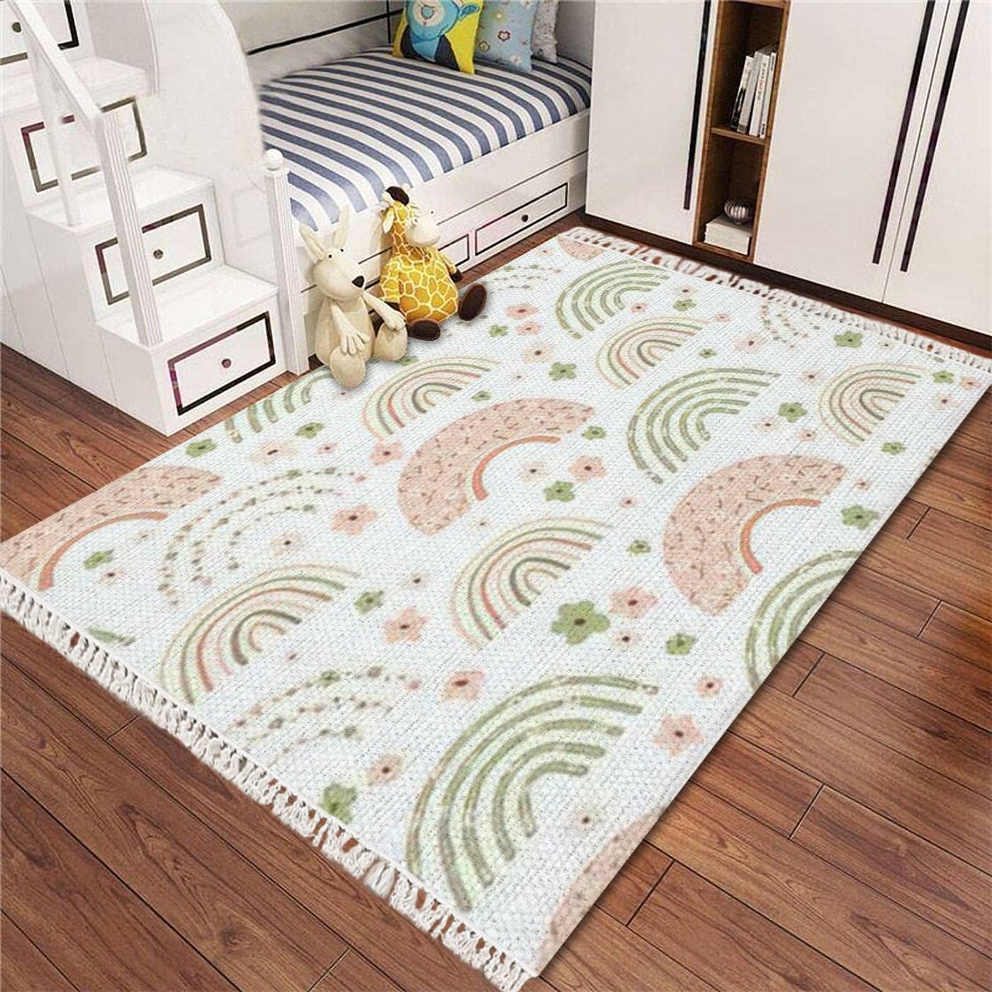 Alfombra bohemia para niños, sin costuras, flores de arco iris, colores pastel, bonita para niños, alfombra tejida con borlas, alfombra bohemia para