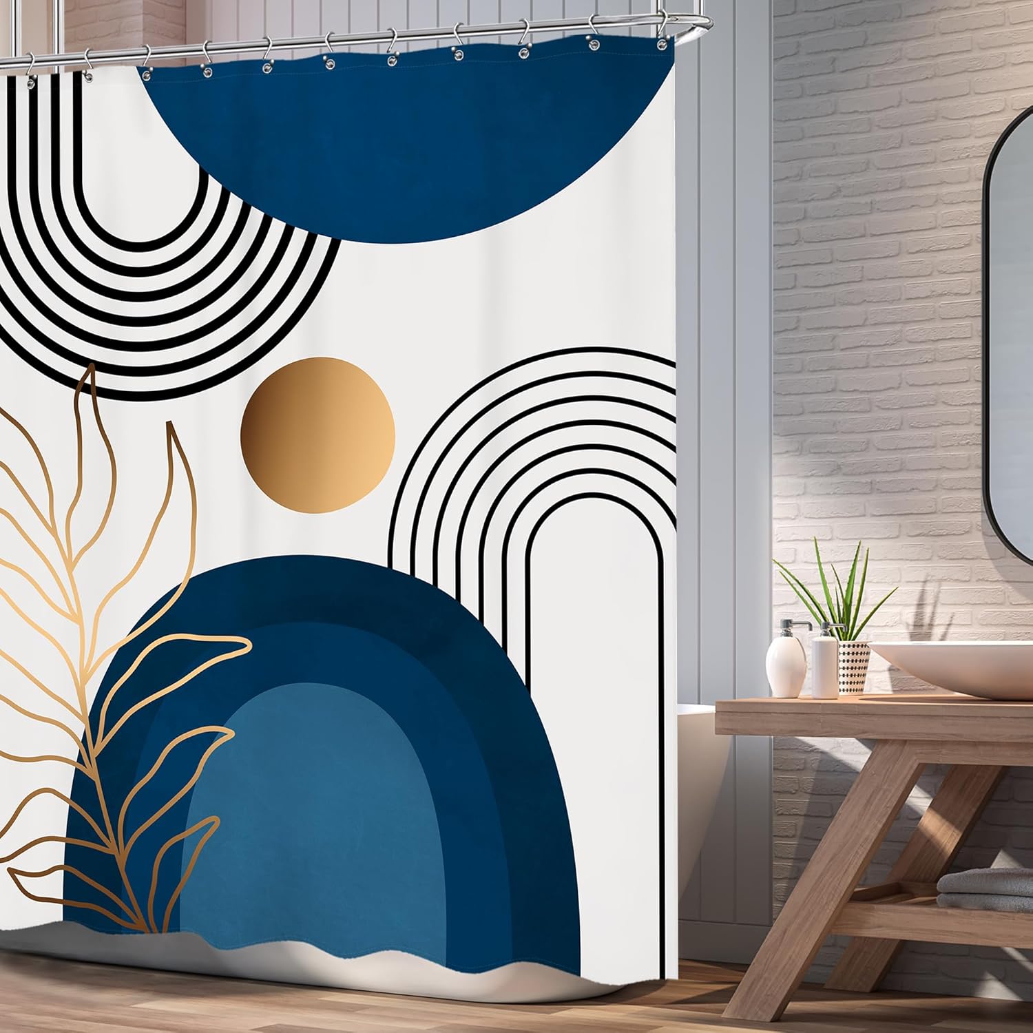 Cortina de ducha bohemia moderna de mediados de siglo, 60 pulgadas de ancho x 72 pulgadas de largo, diseño abstracto azul marino, arco iris, hojas