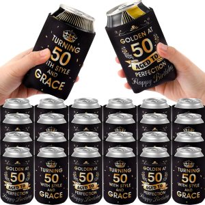 24 piezas de decoraciones doradas de cumpleaños número 50, recuerdos de fiesta de cumpleaños 50, fundas enfriadoras que giran 50 años con estilo y 24 piezas de decoraciones doradas de cumpleaños número 50, recuerdos de fiesta de cumpleaños 50, fundas enfriadoras que giran 50 años con estilo y