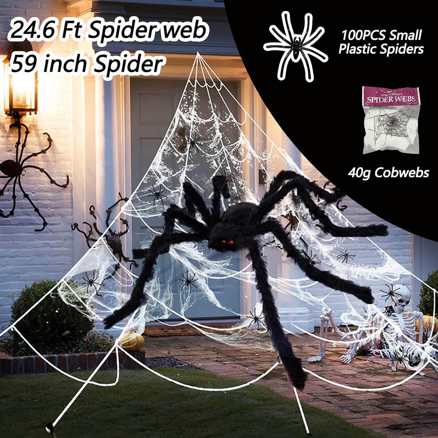 Decoraciones de Halloween para exterior, decoración de telaraña de 295 pulgadas, araña grande de 59 pulgadas, 100 arañas pequeñas, telarañas