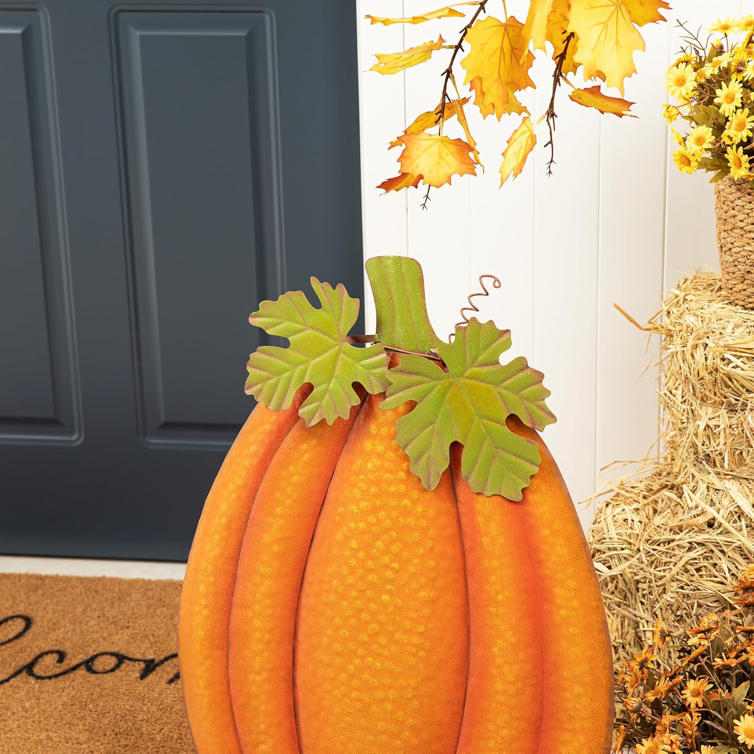 Glitzhome Estaca de calabaza en relieve de metal de otoño de 37.75 pulgadas de alto, estacas de calabaza para jardín o letreros colgantes de