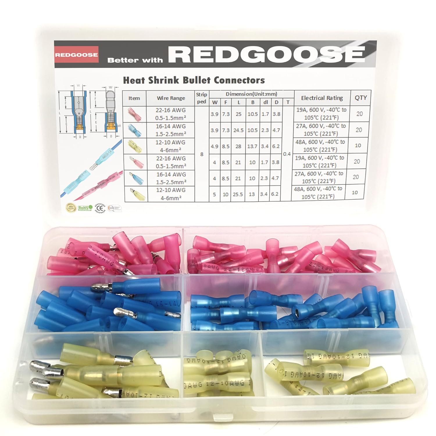 REDGOOSE 100 conectores de bala termorretráctiles calibre 22-10, aislados, impermeables, eléctricos, marinos, automotrices, hembras y machos, kit