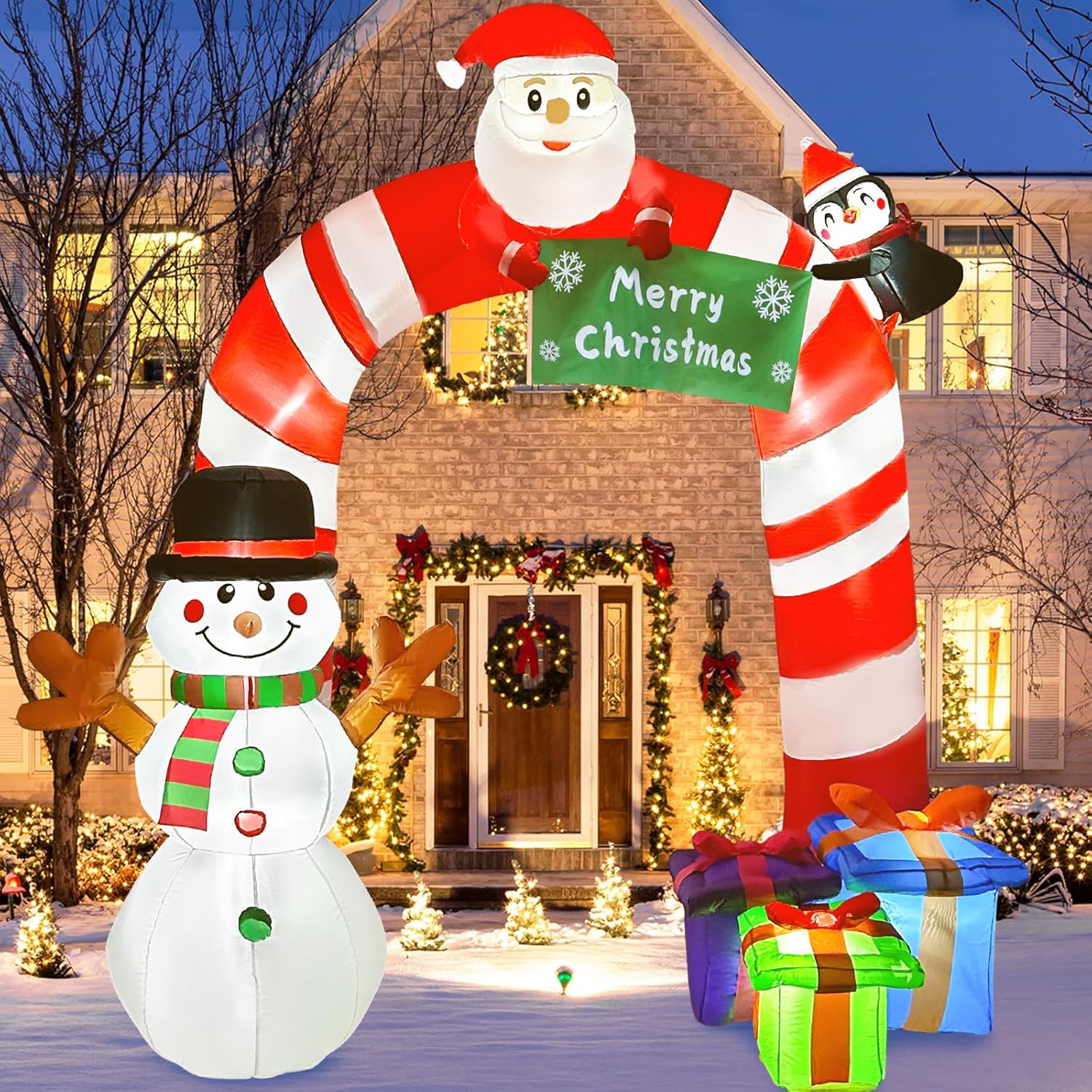 OurWarm Arco inflable de bastón de caramelo inflable de 8 pies, pingüino de Papá Noel y muñeco de nieve, decoraciones de patio con luces LED