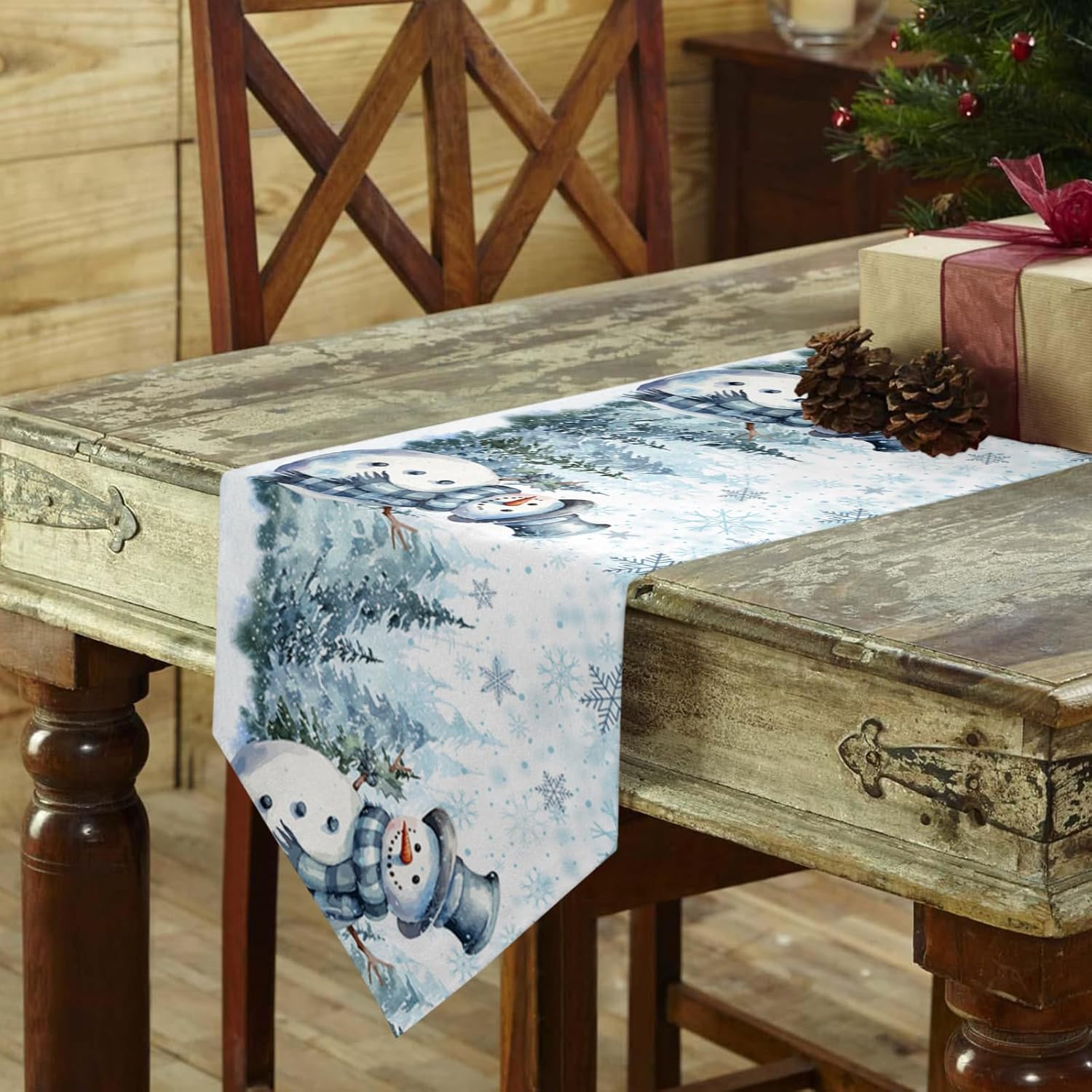 Camino de mesa navideño de invierno, lindo muñeco de nieve, acuarela, árbol de Navidad, bufanda, decoración de mesa para el hogar, cocina, comedor,