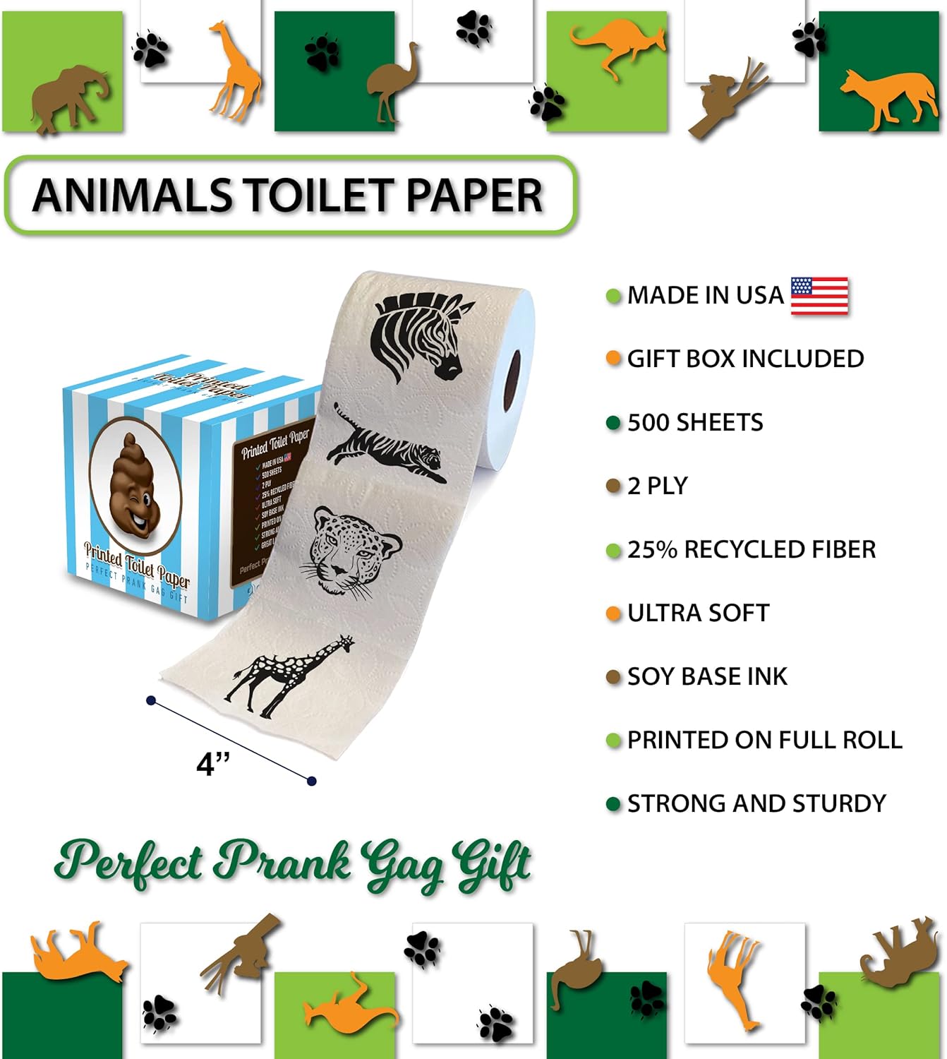 Papel higiénico de 2 capas con patrón de animales, rollo de papel higiénico divertido para decoración del hogar, regalos de broma y divertido