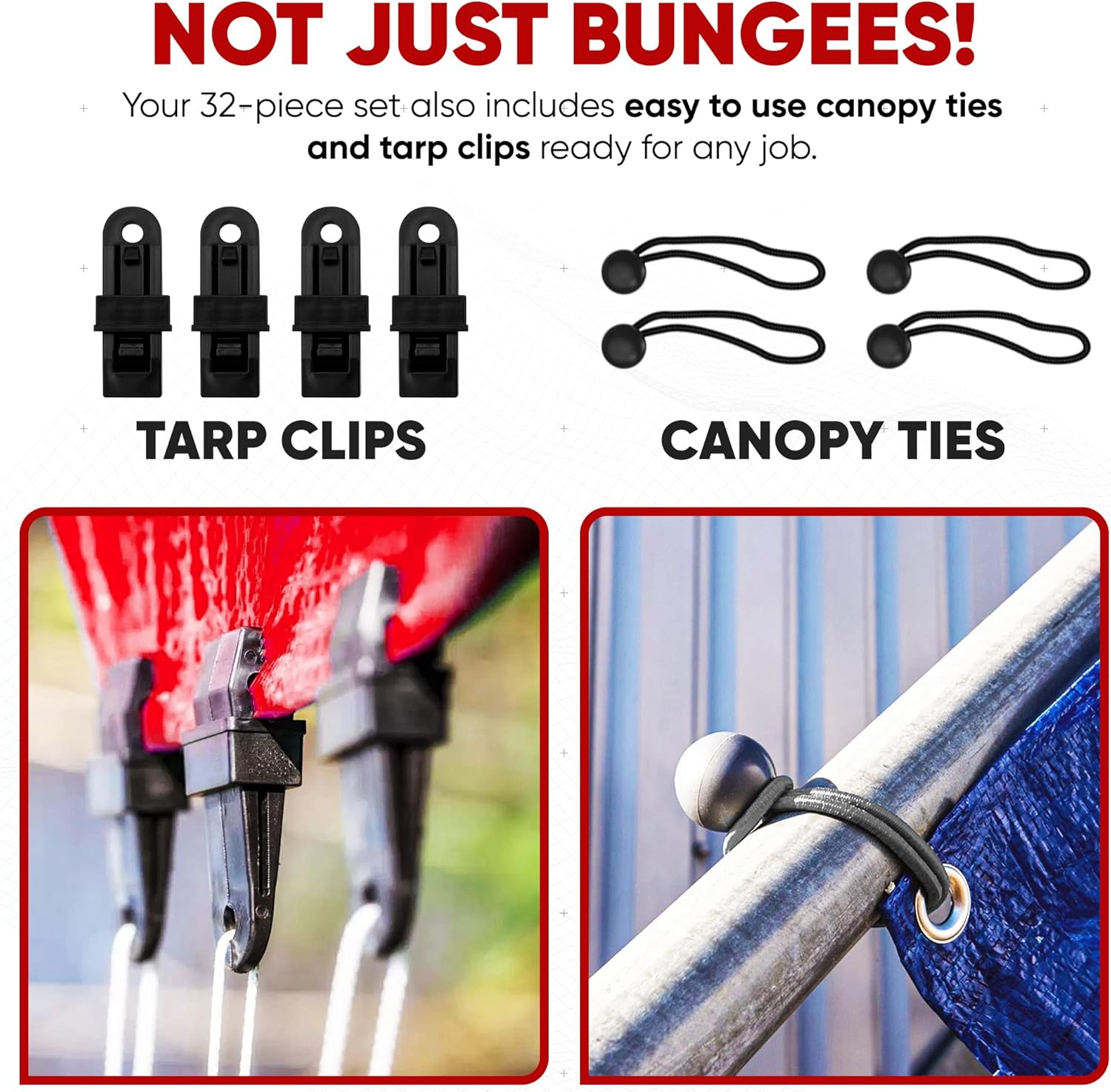 Cuerdas de bungee surtidas de calidad superior, 24piezas con cuerdas de cubierta y red de carga adicional por FORTEM, ganchos de metal con