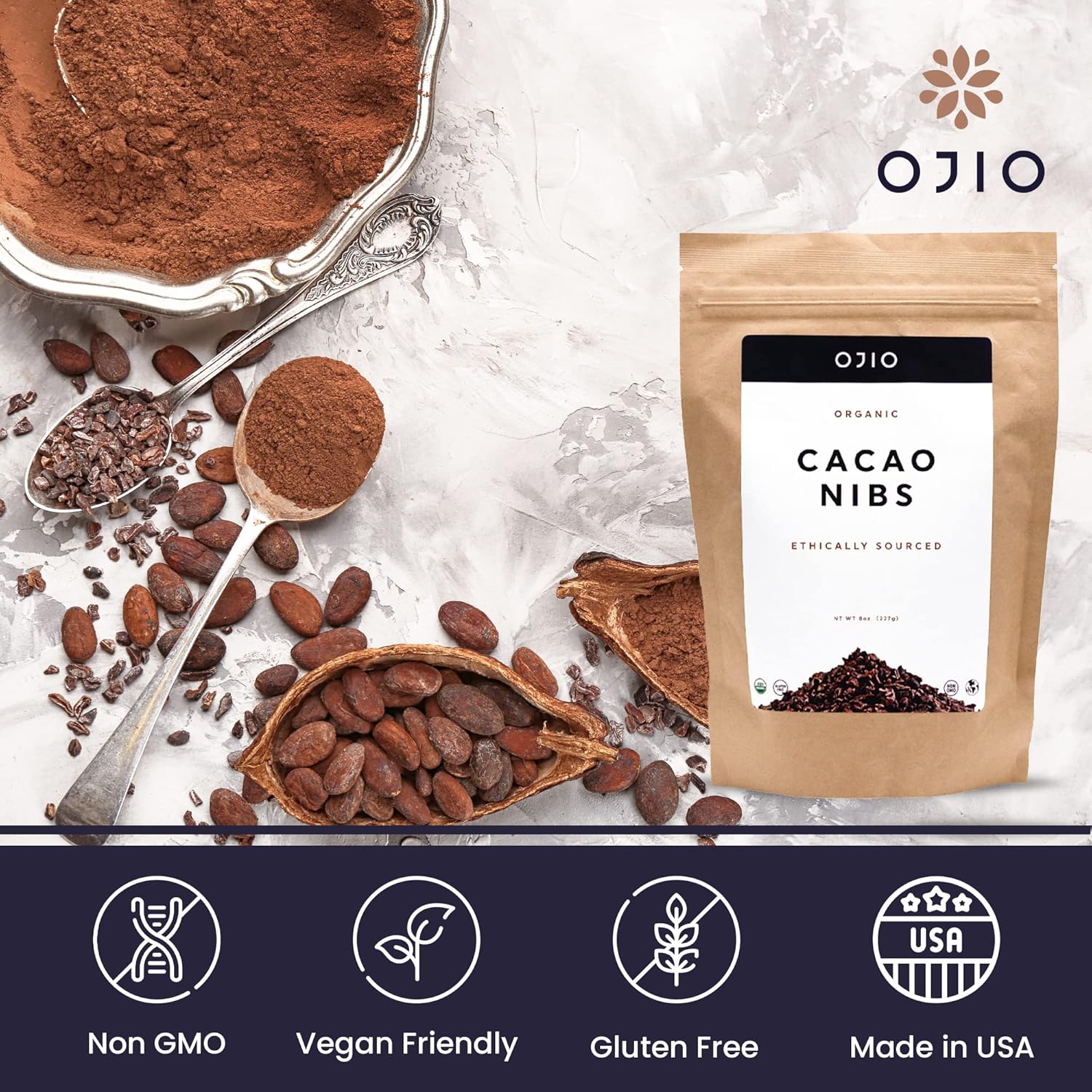OJIO Plumas de cacao crudo orgánico  Paleo  Orgánico  Sin OMG  Kosher  Superalimento antioxidante antienvejecimiento  Sin gluten  8 onzas  Paquete