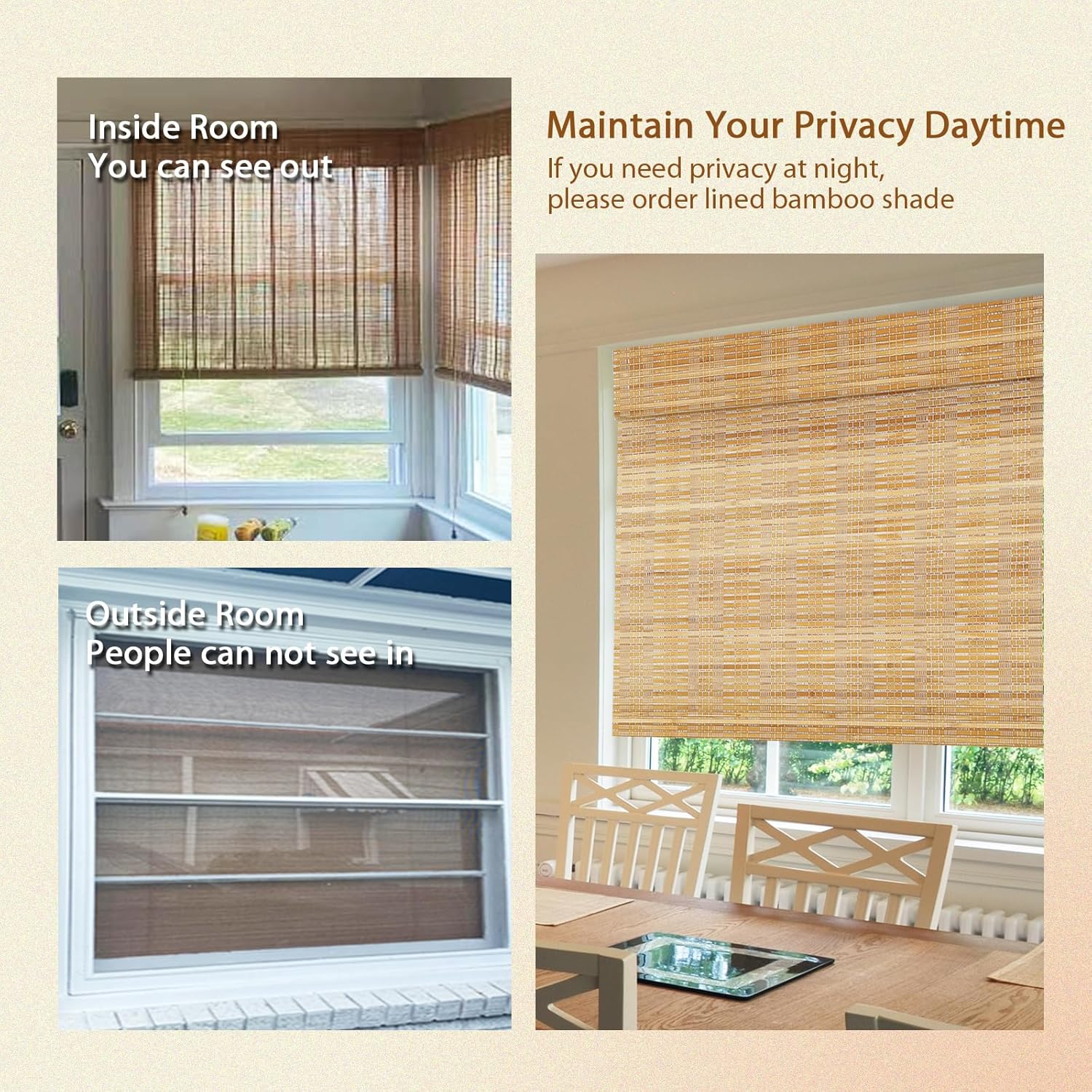 CHEFRU Cortinas romanas de bambú para ventana, roble, interiorexterior filtro de luzpersianas de madera pura