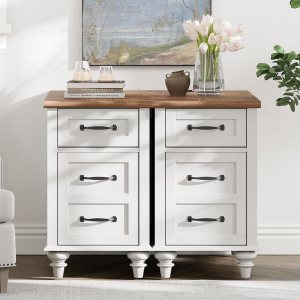 WAMPAT Paquete de 2 mesas auxiliares de granja con estación de carga, mesa auxiliar blanca con cajón y armario de almacenamiento, mesita de noche WAMPAT Paquete de 2 mesas auxiliares de granja con estación de carga, mesa auxiliar blanca con cajón y armario de almacenamiento, mesita de noche