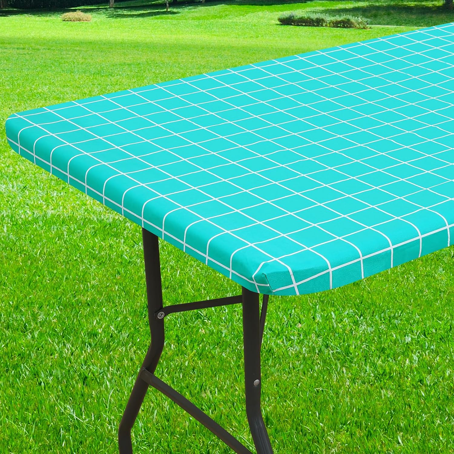 Mantel rectangular, manteles de plástico elásticos ajustables con parte trasera de franela para mesas plegables de 6 pies, manteles de vinilo