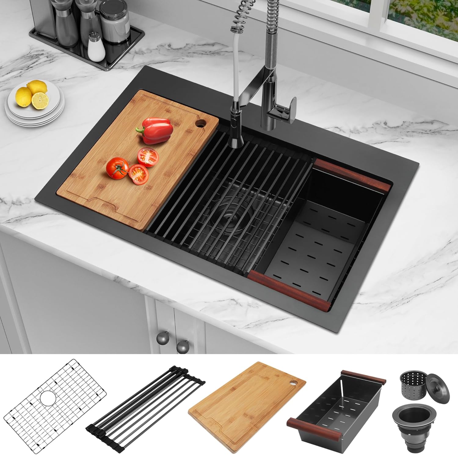 MONSINTA Fregadero de cocina, fregadero de cocina negro de 33 x 22 pulgadas, fregadero de cocina de acero inoxidable, fregadero de cocina de un solo