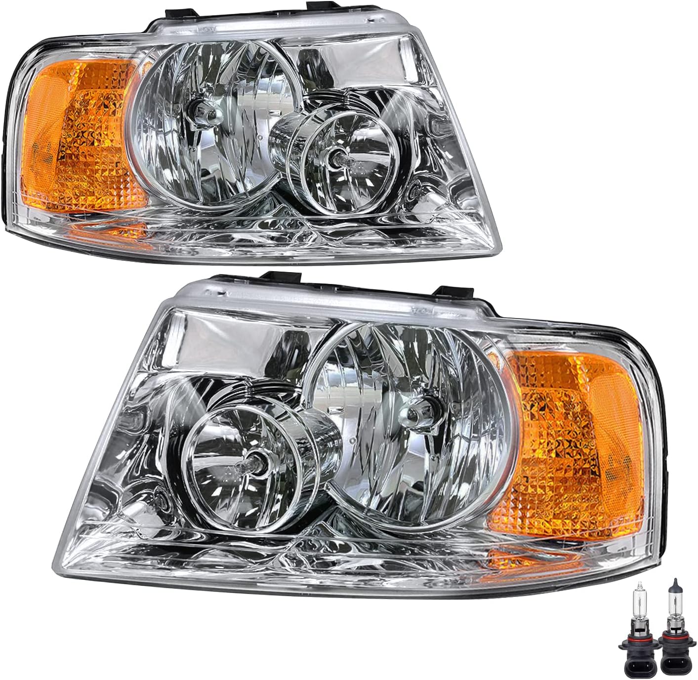 JSBOYAT Conjunto de faros delanteros con bombillas de repuesto para Ford Expedition 2003-2006 lado del pasajero y del conductor, carcasa cromada con