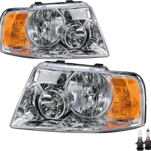 JSBOYAT Conjunto de faros delanteros con bombillas de repuesto para Ford Expedition 2003-2006 lado del pasajero y del conductor, carcasa cromada con JSBOYAT Conjunto de faros delanteros con bombillas de repuesto para Ford Expedition 2003-2006 lado del pasajero y del conductor, carcasa cromada con