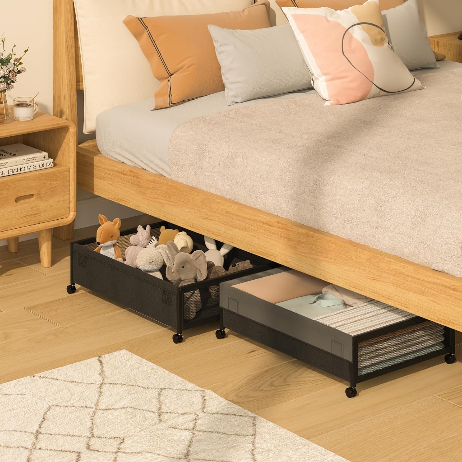 steauty Almacenamiento debajo de la cama con ruedas, contenedores de almacenamiento de metal debajo de la cama con cubierta transparente, cajas de