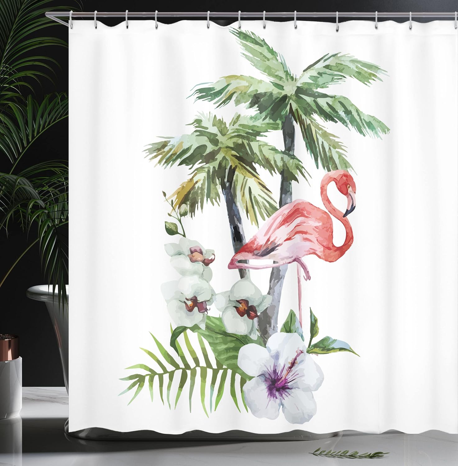 Ambesonne Cortina de ducha de flamenco, composición de isla de acuarela, hojas exóticas de bosque e hibisco primavera en Hawaii, juego de decoración