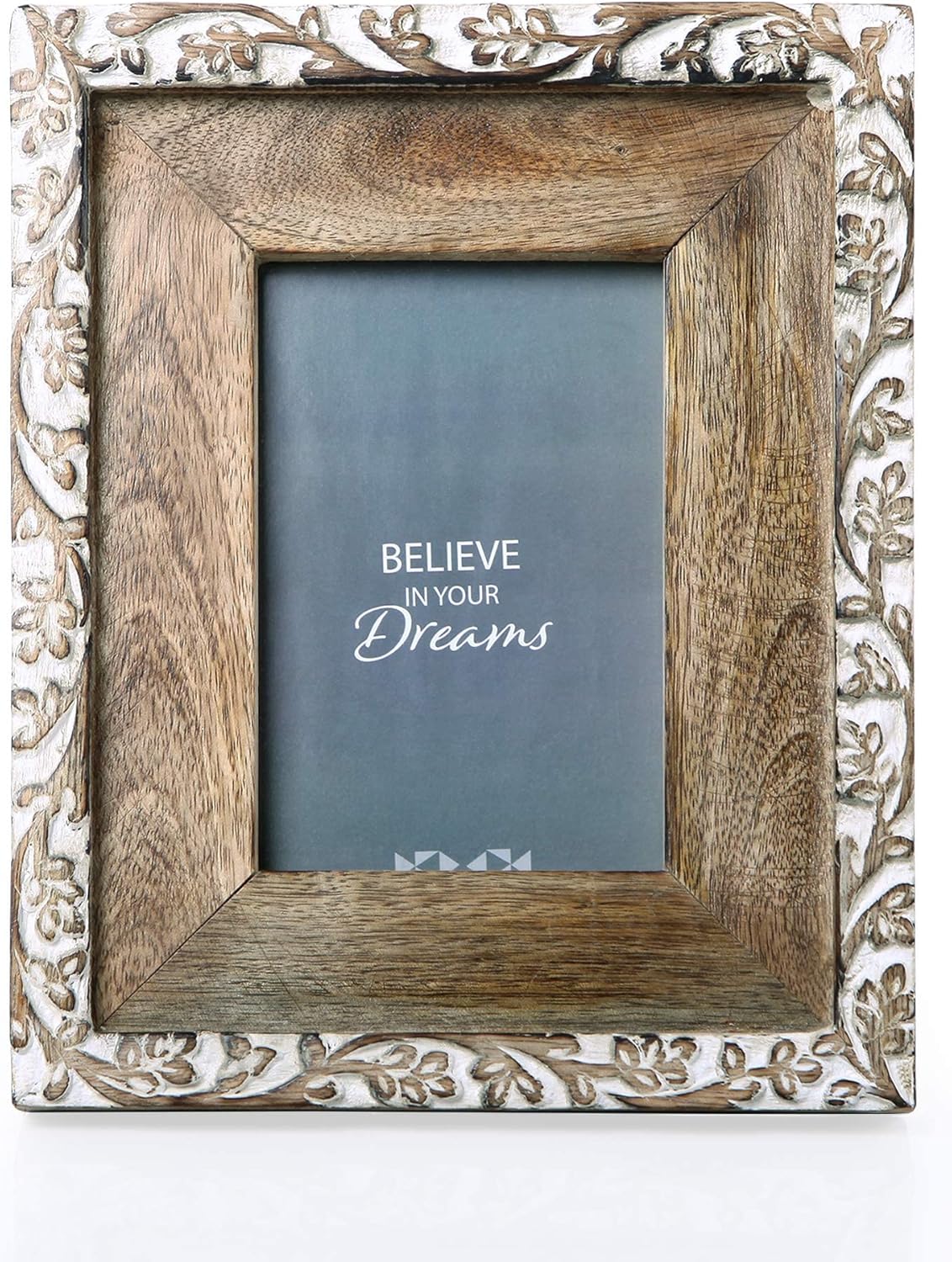 NIKKY HOME Hand Carved Floral Picture Frame 4×6 Boho Style Mango Wood Design with White Distressed Finish, Dark Wood Color