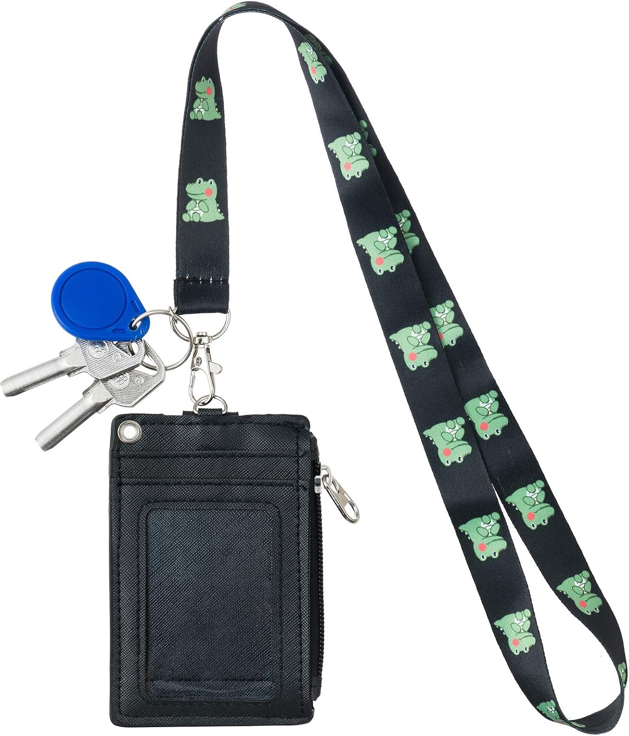 HASFINE – Soporte para tarjetas de identificación con zíper, tarjetero de piel, tarjetero con zíper, 2 caras, 5 ranuras para tarjetas y llavero para