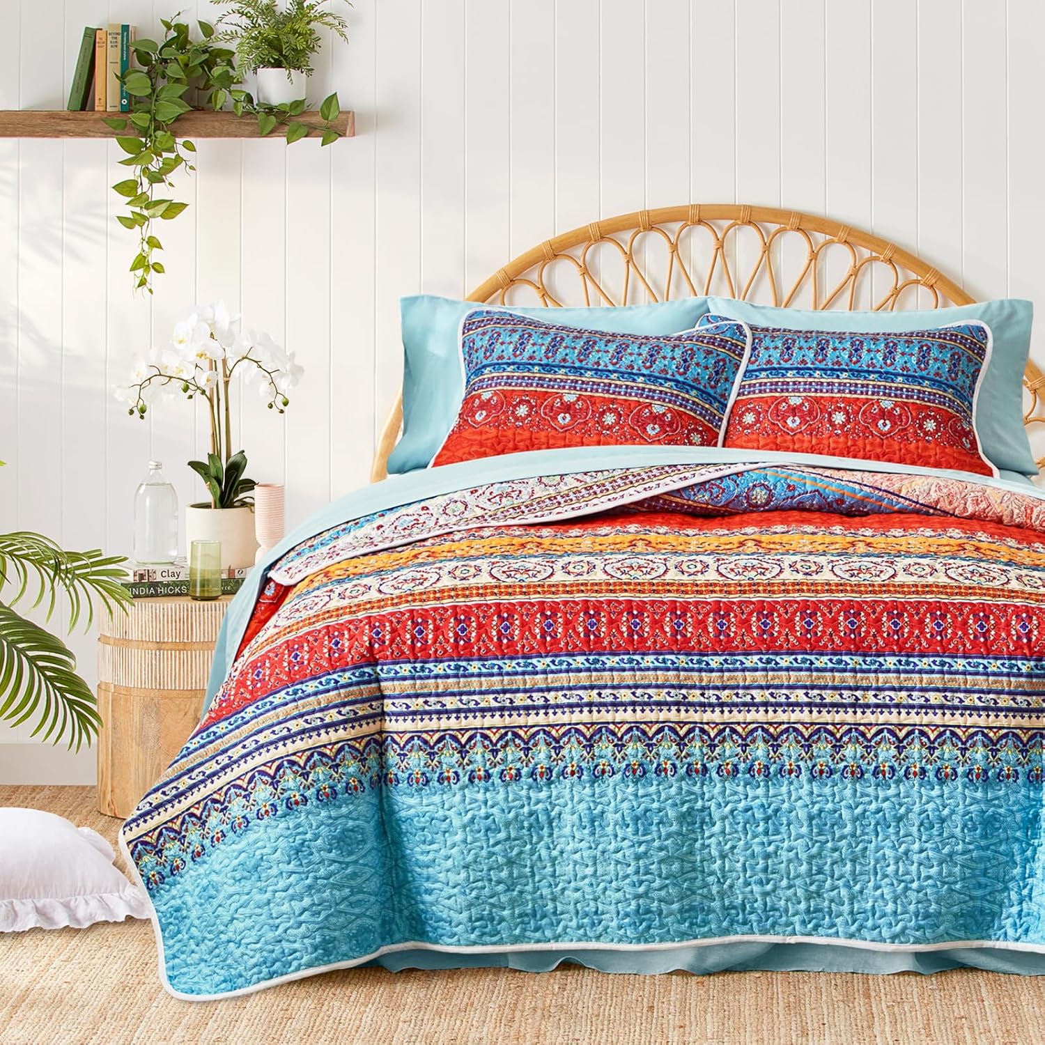 Juego de edredón bohemio colorido de 3 piezas, tamaño matrimonial y queen, juego de ropa de cama con estampado de rayas azules y rojas bohemias para