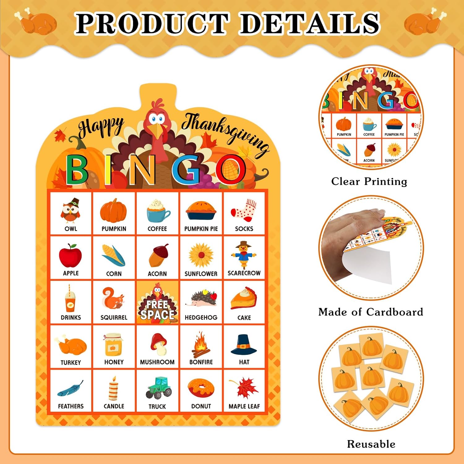 PETCEE Juego de bingo de Acción de Gracias para niños y adultos, 26 jugadores, tarjetas de bingo de Acción de Gracias, juego de bingo de otoño para