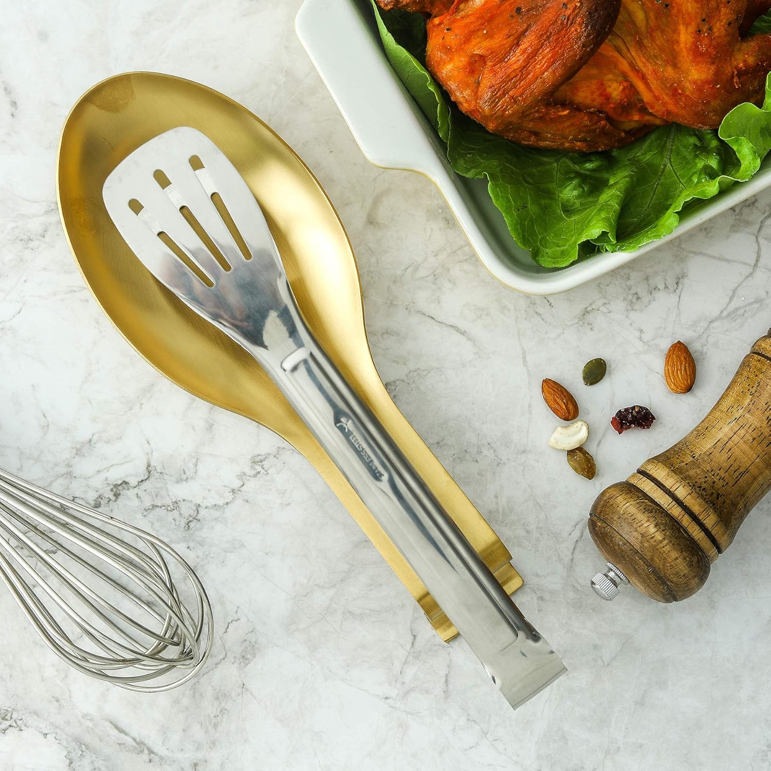Soporte de cuchara dorado para encimera de cocina
