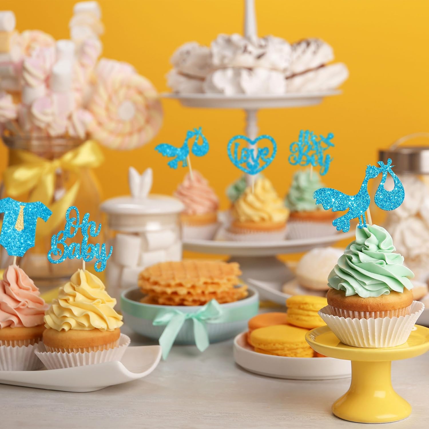 Gyufise 30 piezas de decoración de cupcakes para baby shower, con purpurina, diseño de corazón de amor, Oh Baby Cupcake Picks It’s a Boy, decoración