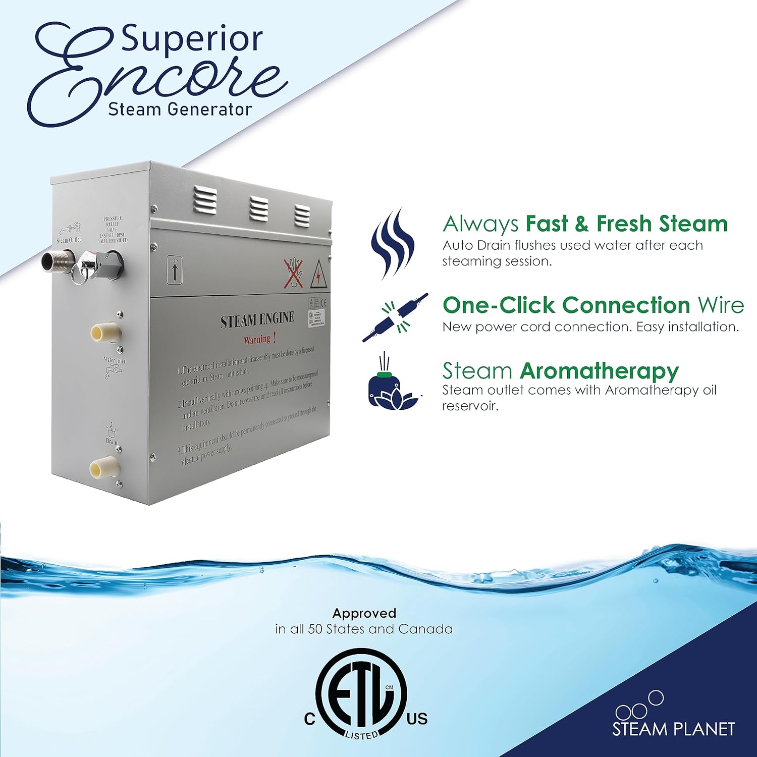 STEAM PLANET Superior Encore – Kit generador de ducha de vapor de 6 kW con teclado horizontal negro, bandeja de goteo y luz blanca, generador de