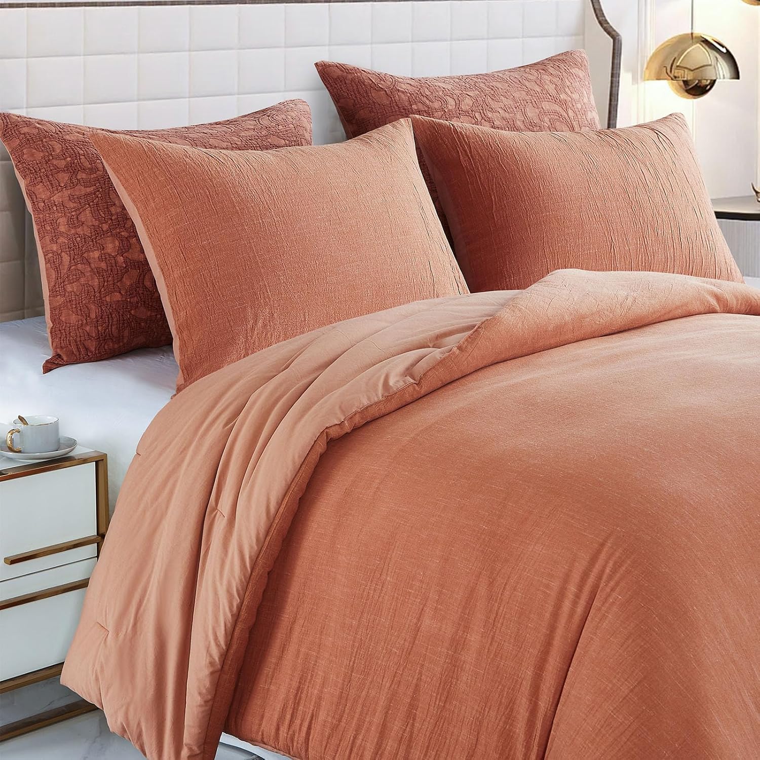 Juego de edredón de lino y algodón tamaño King, color naranja quemado, extra suave, lavado, juego de ropa de cama de 3 piezas (1 edredón, 2 fundas