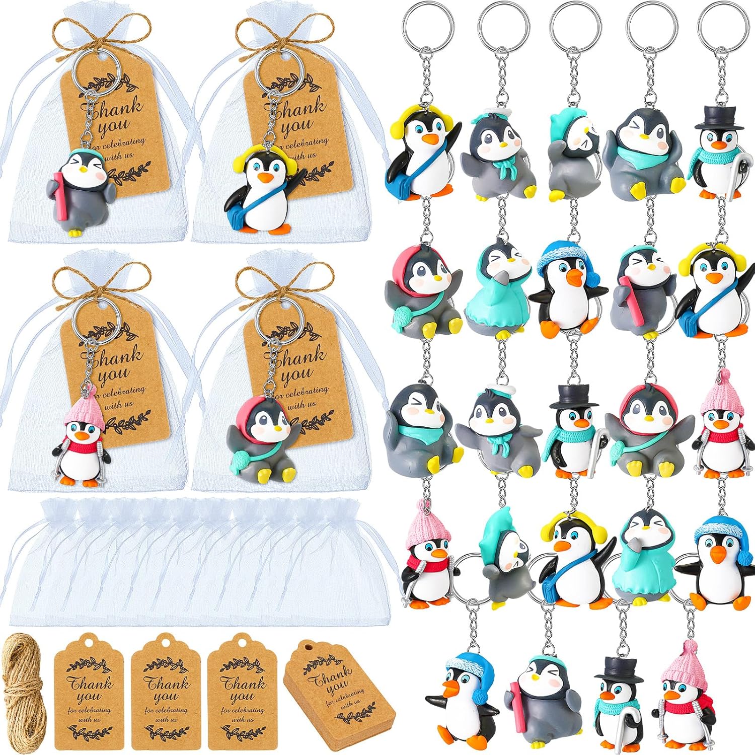 Kigeli 24 juegos de llaveros de pingüino, recuerdos de fiesta de pingüinos, llavero de animales 3D con colgante de pingüino ártico en miniatura,