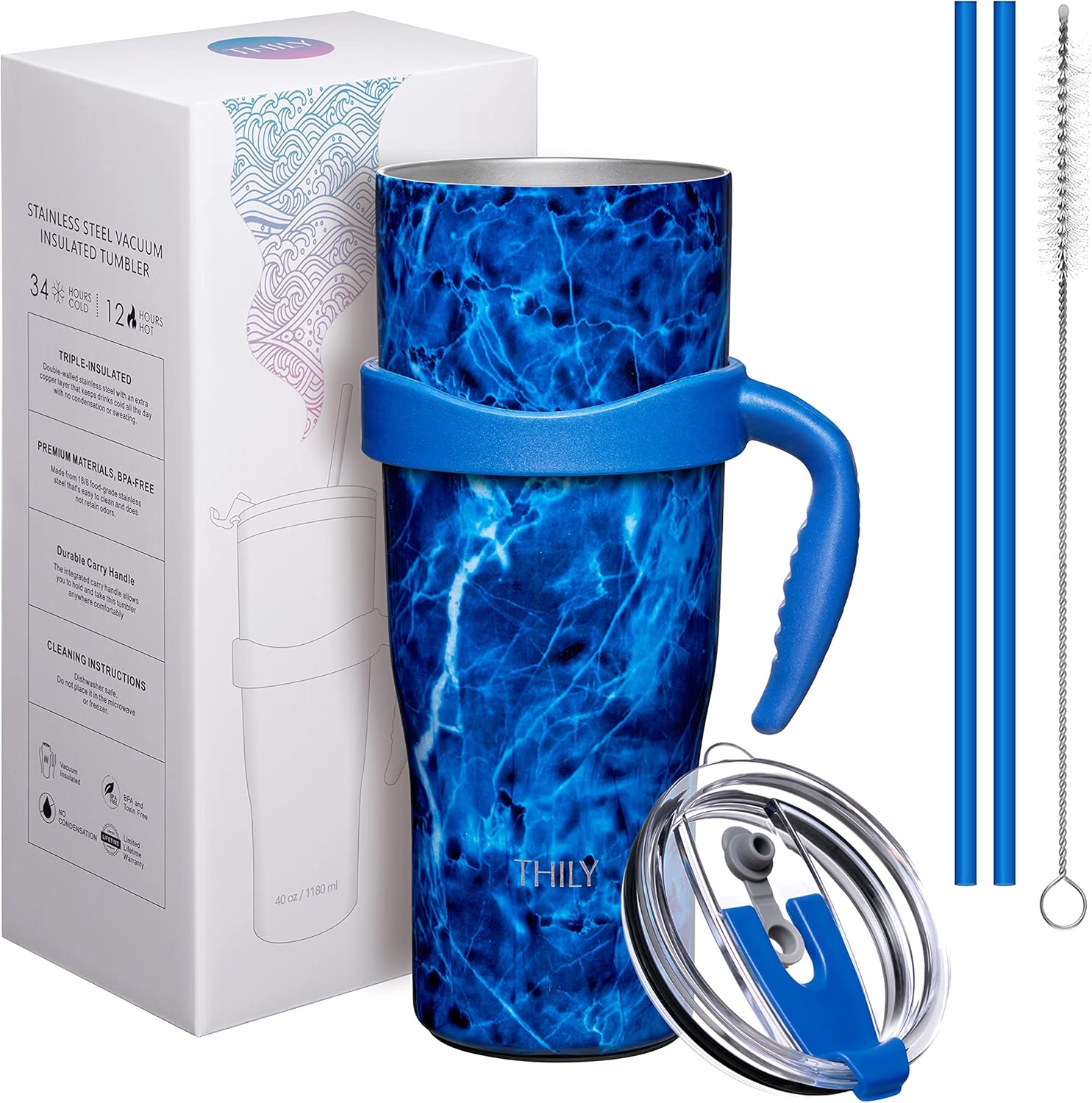 THILY Vaso aislado de 40 onzas con asa, taza de viaje para café de acero inoxidable con tapa y pajitas, mantiene las bebidas frías durante 34 horas