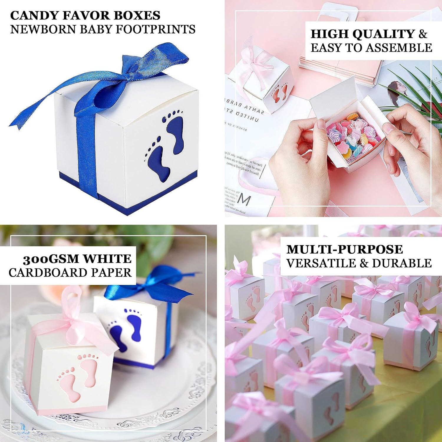 Efavormart – Paquete de 25 cajas de dulces con cintas de huellas de bebé recién nacido de 2.5 x 2.5 pulgadas, cajas de regalo rosas para baby shower