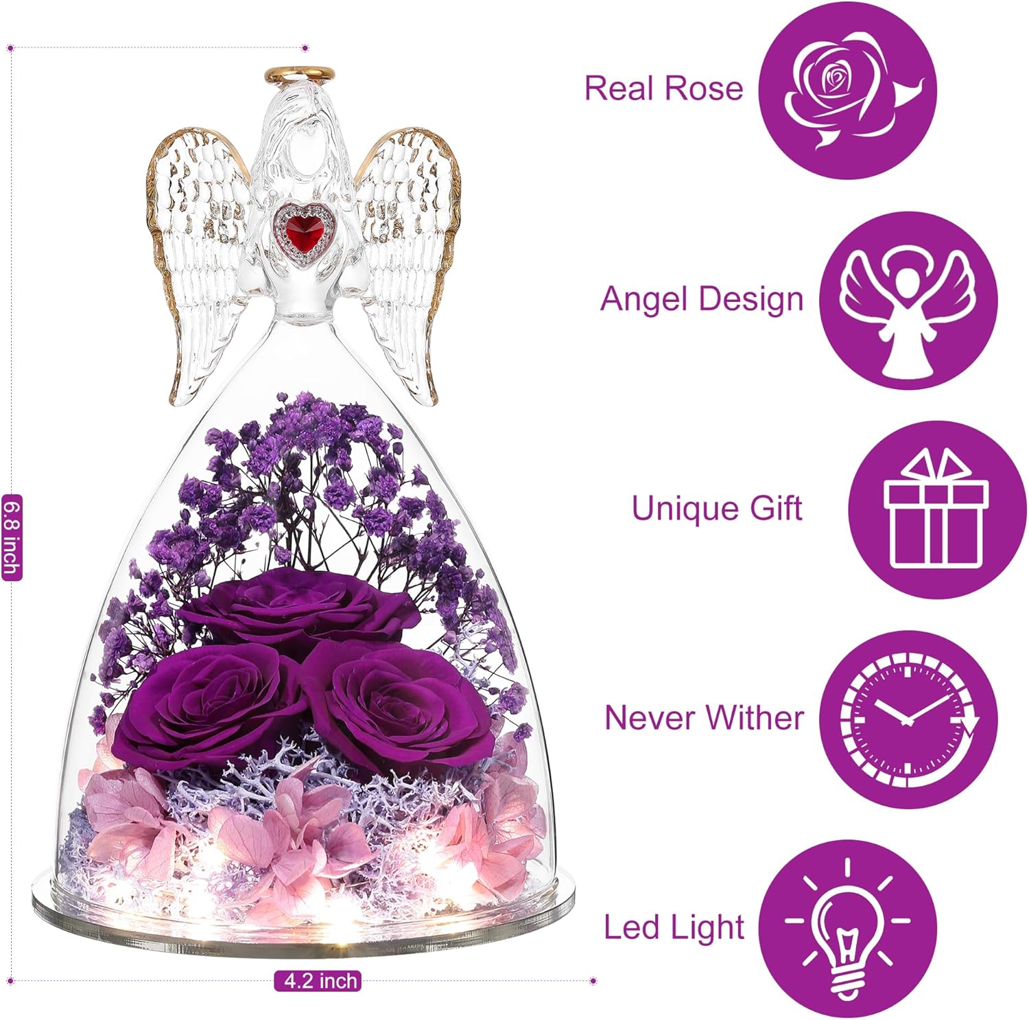 Regalos de cumpleaños para mujeres, abuela, mamá, novia, flor preservada, tres rosas reales en figuras de ángel de cristal, regalos de ángeles para