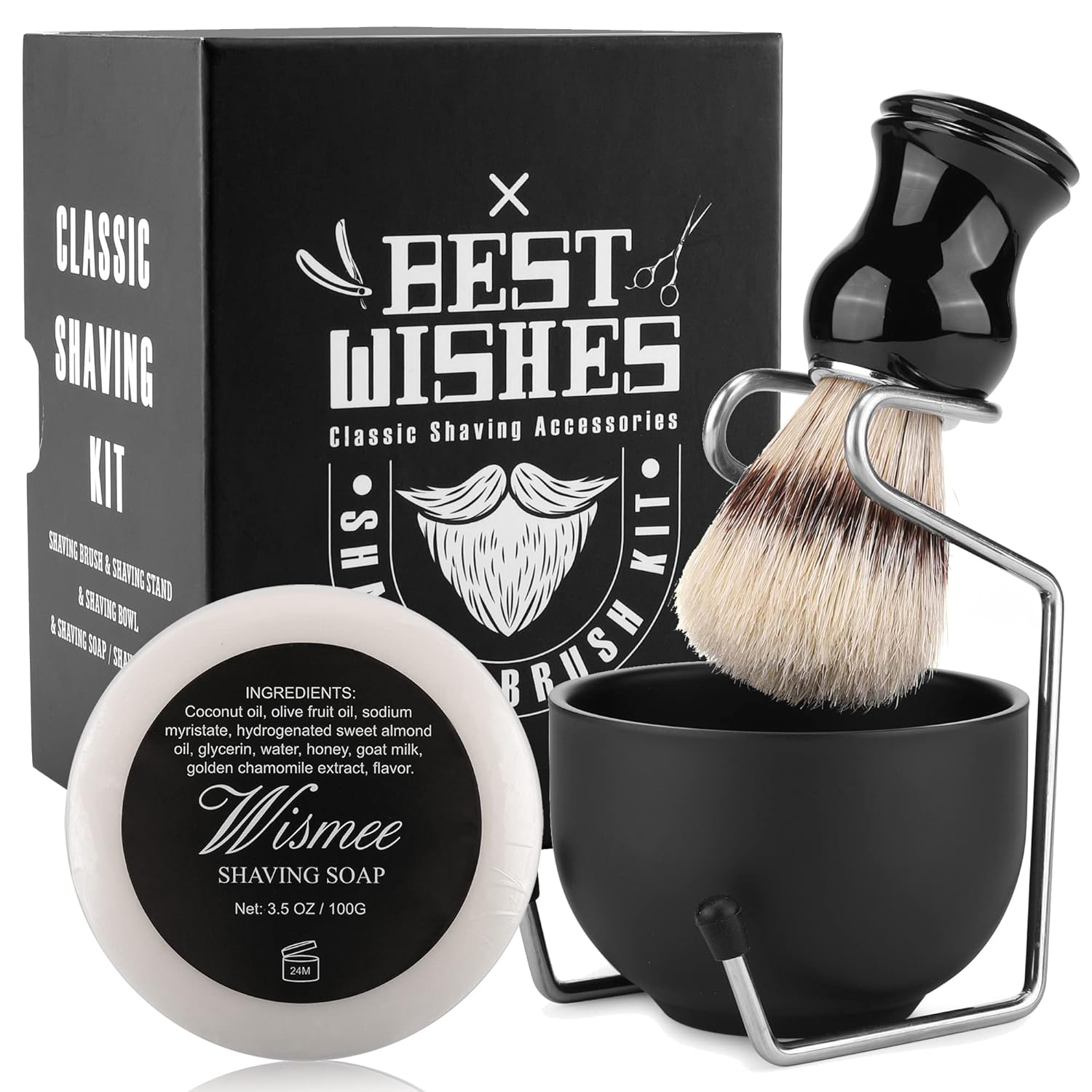 Wismee Juego de brochas de afeitar para hombre, cepillo de afeitar de cerdas de jabalí, cuenco de afeitar de acero inoxidable y soporte, 3.5 onzas,