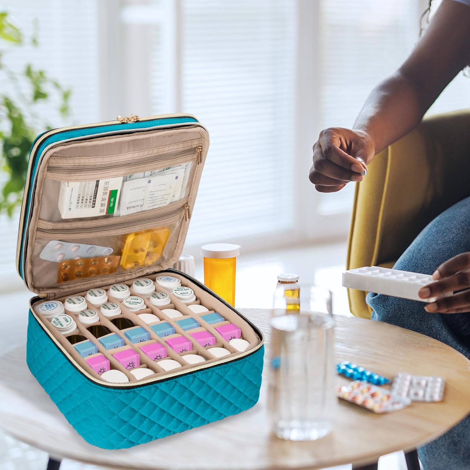 YARWO Organizador de botellas de píldoras para 36 botellas (menos de 3.7 pulgadas de alto), bolsa de medicina de doble capa con divisores extraíbles