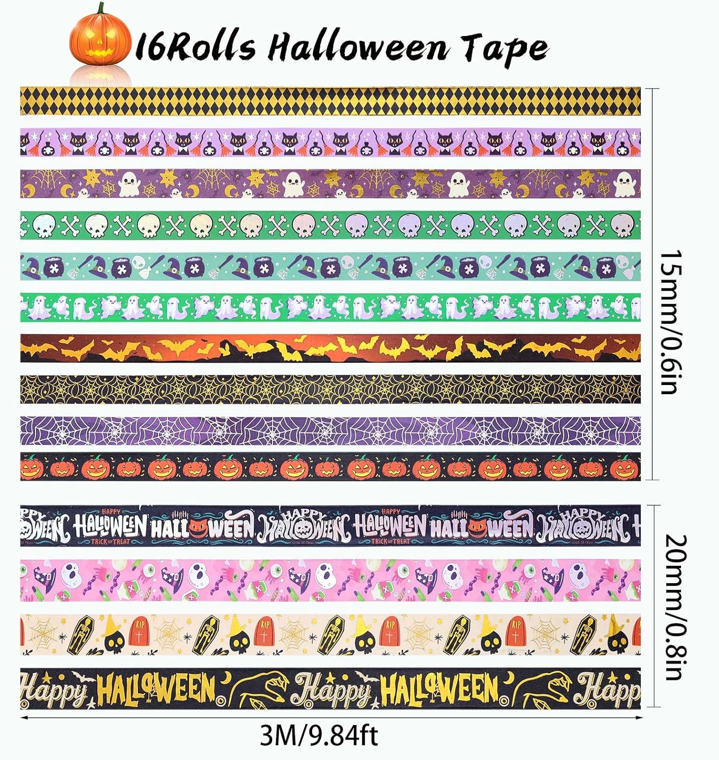 AEBORN Juego de cintas Washi de Halloween, 16 rollos de cintas decorativas de lámina dorada con gato, calabaza, fantasma, bruja, perfecto para