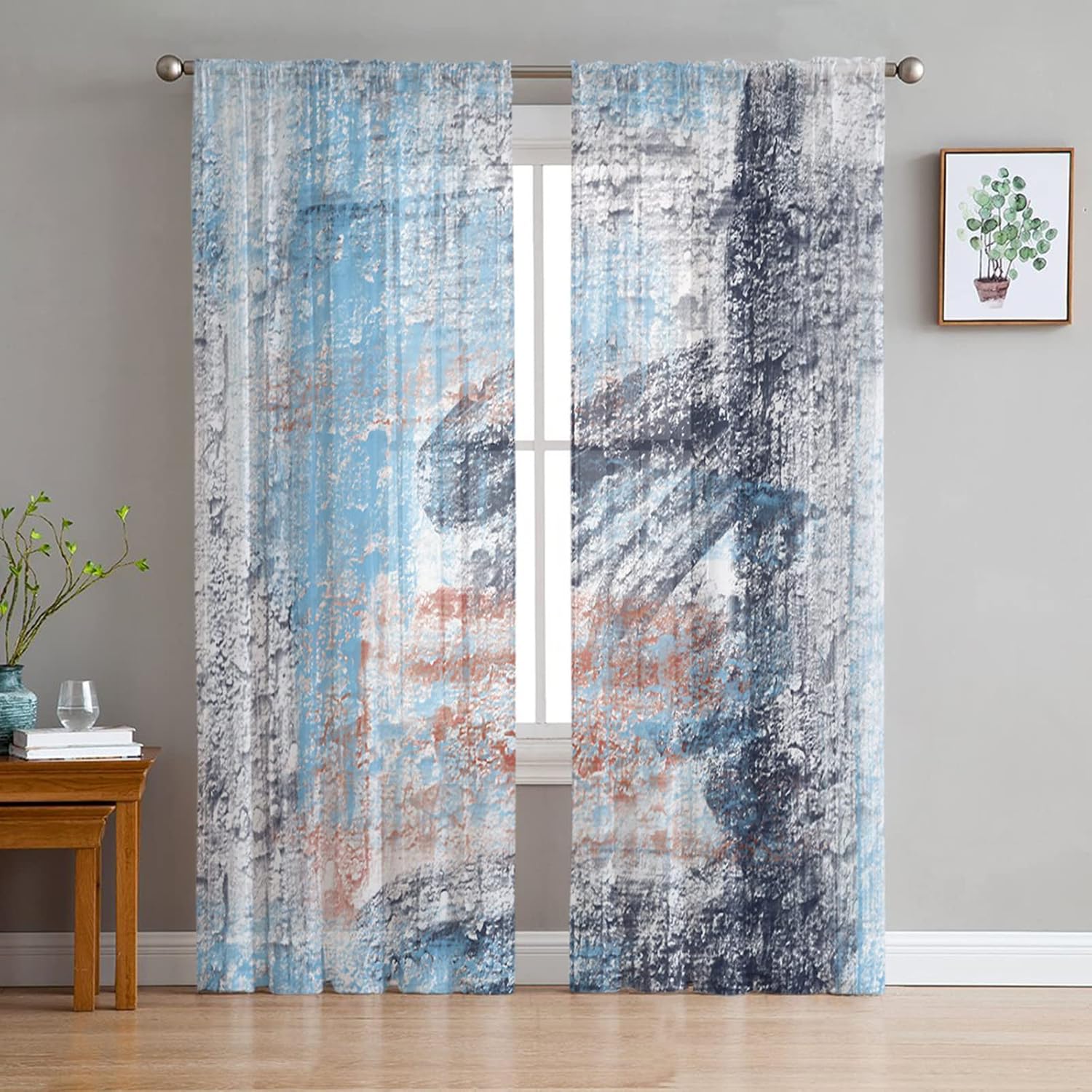 Sheer Curtains 84 Inch Long Street Blue Modern Abstract Art Rod Pocket Voile Semi-Sheer Window Treatment Drapes for Living Room Bedroom Windows 2