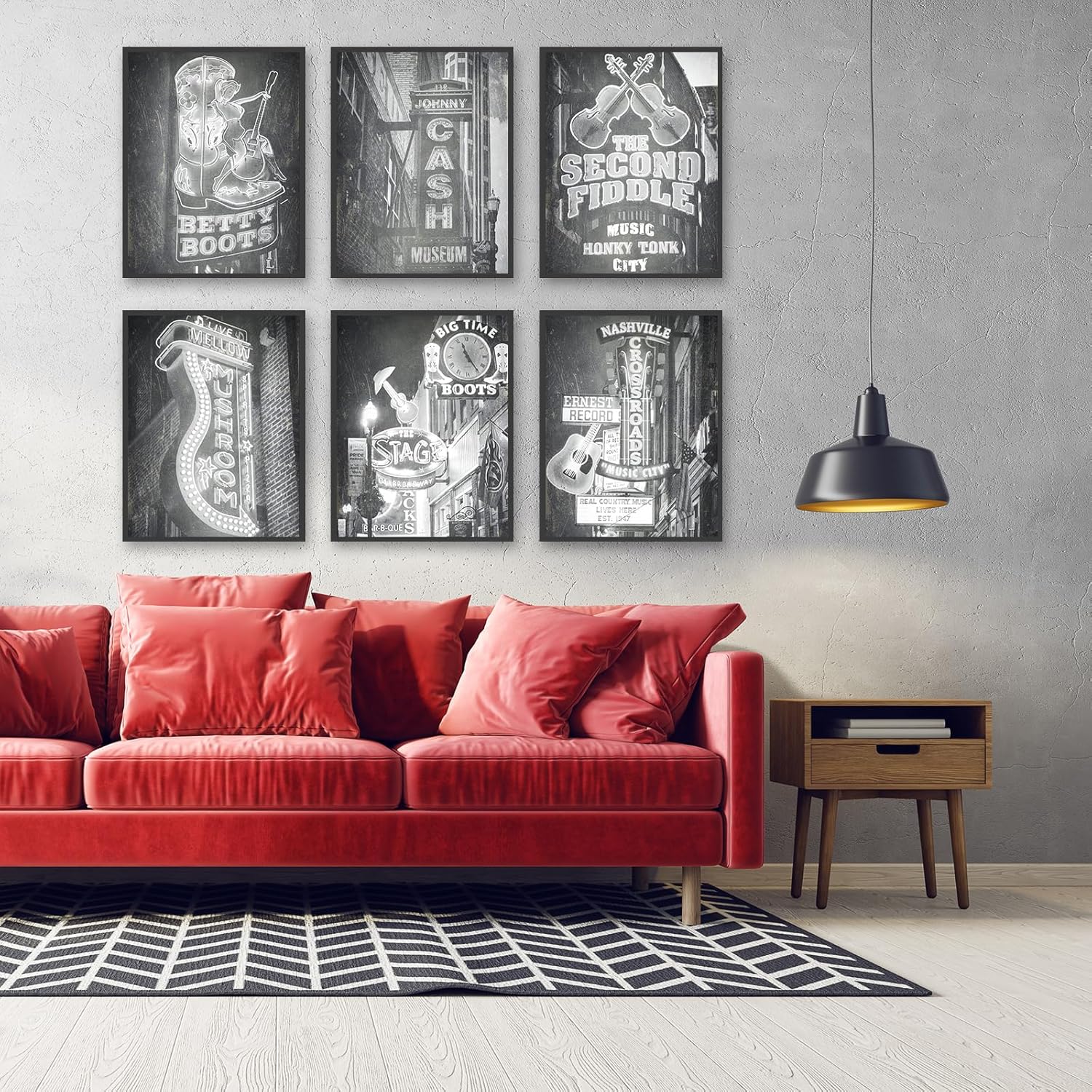 Póster vintage de Nashville para pared, diseño retro en blanco y negro de Nashville, Tennessee, música country, guitarra, arte del centro, lienzo