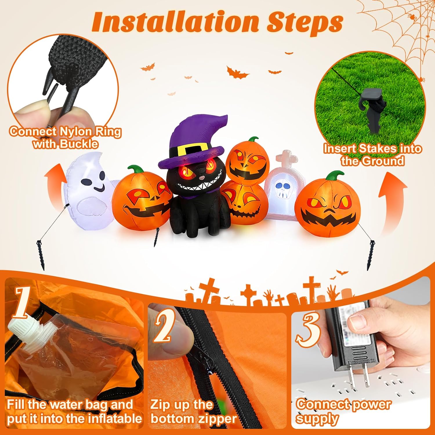 MICOCAH Inflables de Halloween de 8 pies de largo para decoración al aire libre, faroles inflables de gato y calabaza con lápida, fantasma,