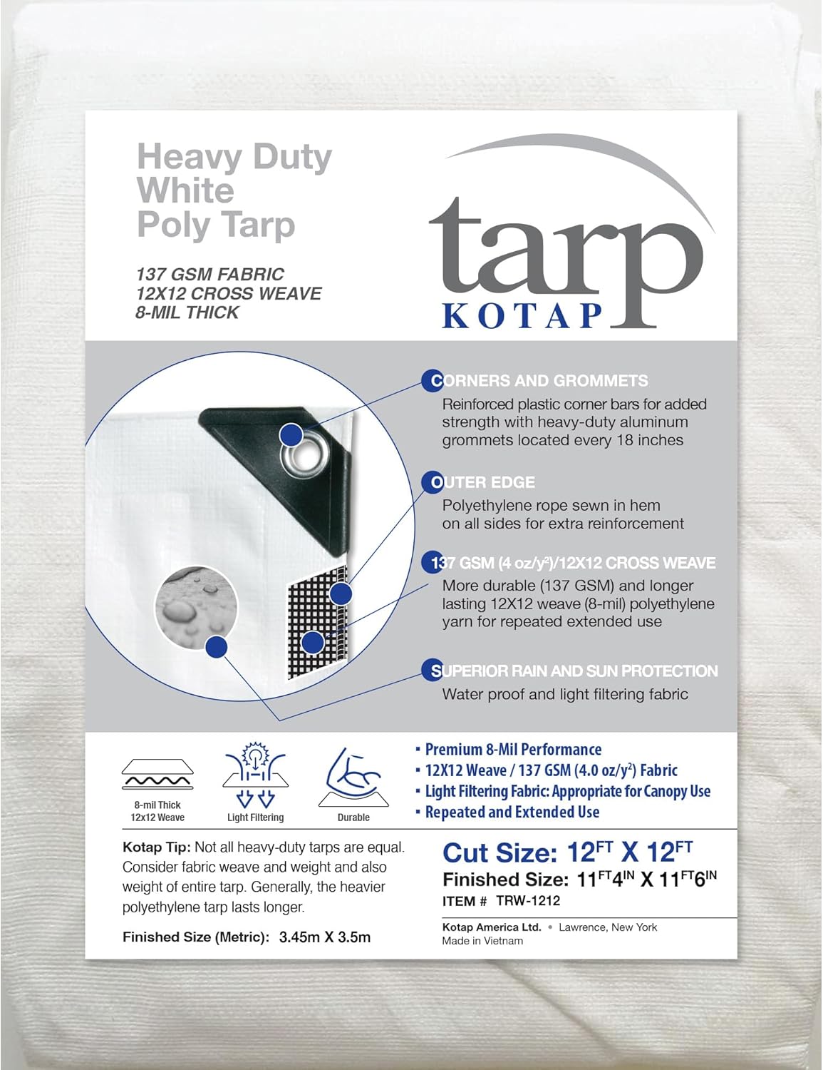 Kotap TRW-1212 – Lona de polietileno resistente de 8 mil con protección UV, 12 pies X 12 pies, blanco