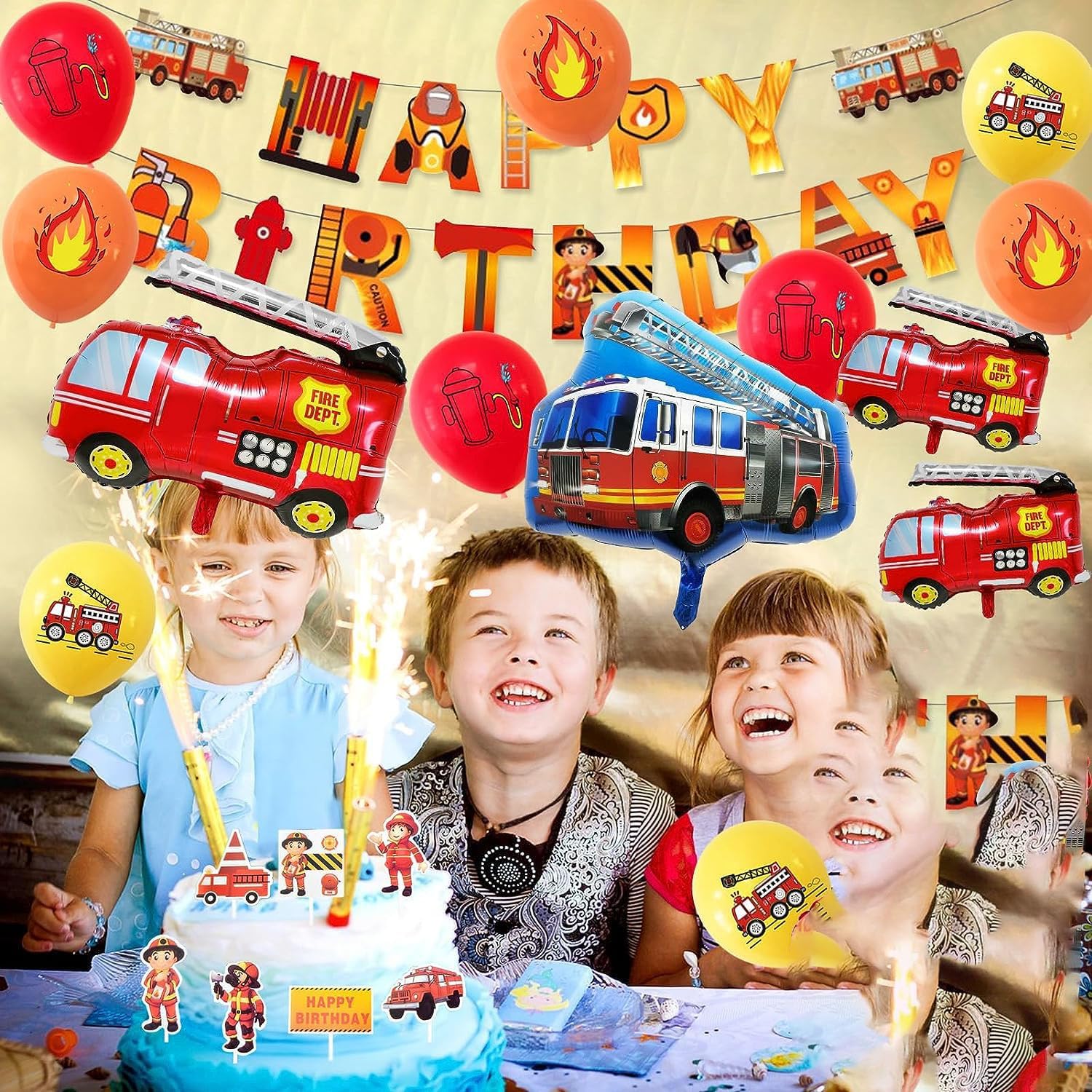 Decoración de cumpleaños de camión de bomberos, 35 piezas de globos de cumpleaños de camión de bomberos, decoración de camión de bomberos de