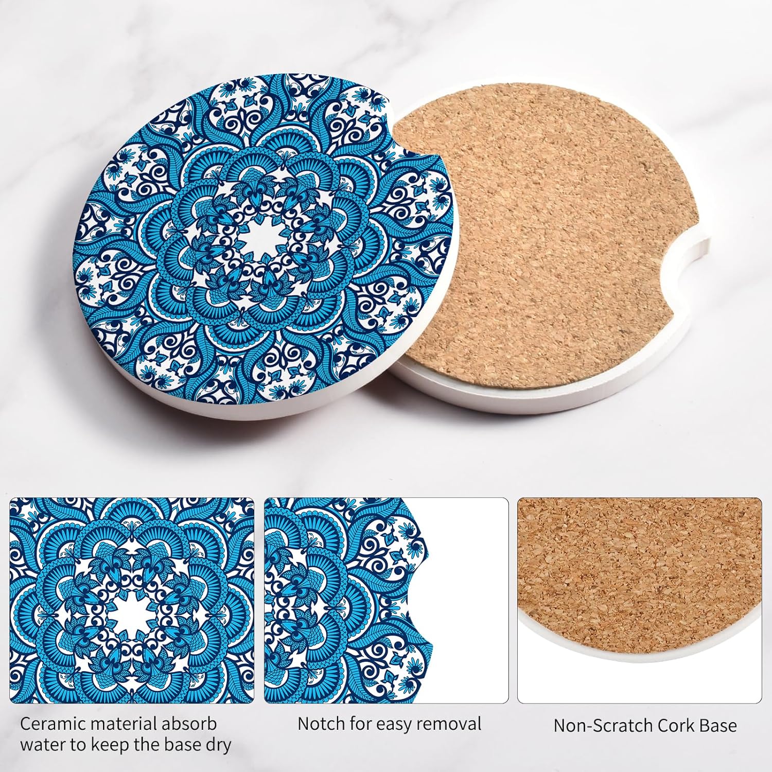 Watbro Posavasos absorbentes para automóvil, paquete de 2 unidades, 2.75 dedos, muesca de 2.75 dedos, patrón de porcelana retro, estilo de los años
