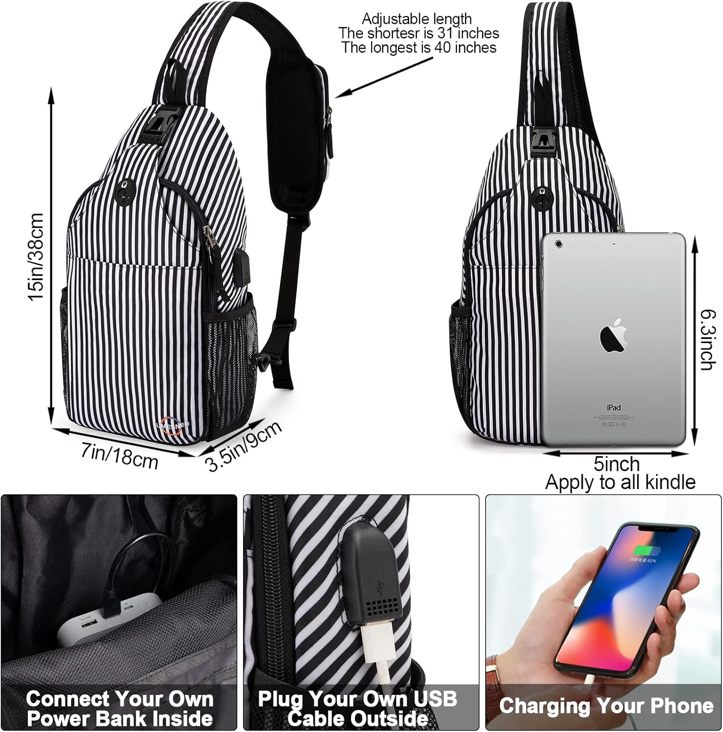 Lumesner Mochila cruzada con puerto de carga USB, bolsa de hombro de senderismo, bolsa de pecho para senderismo, caminata, viajes