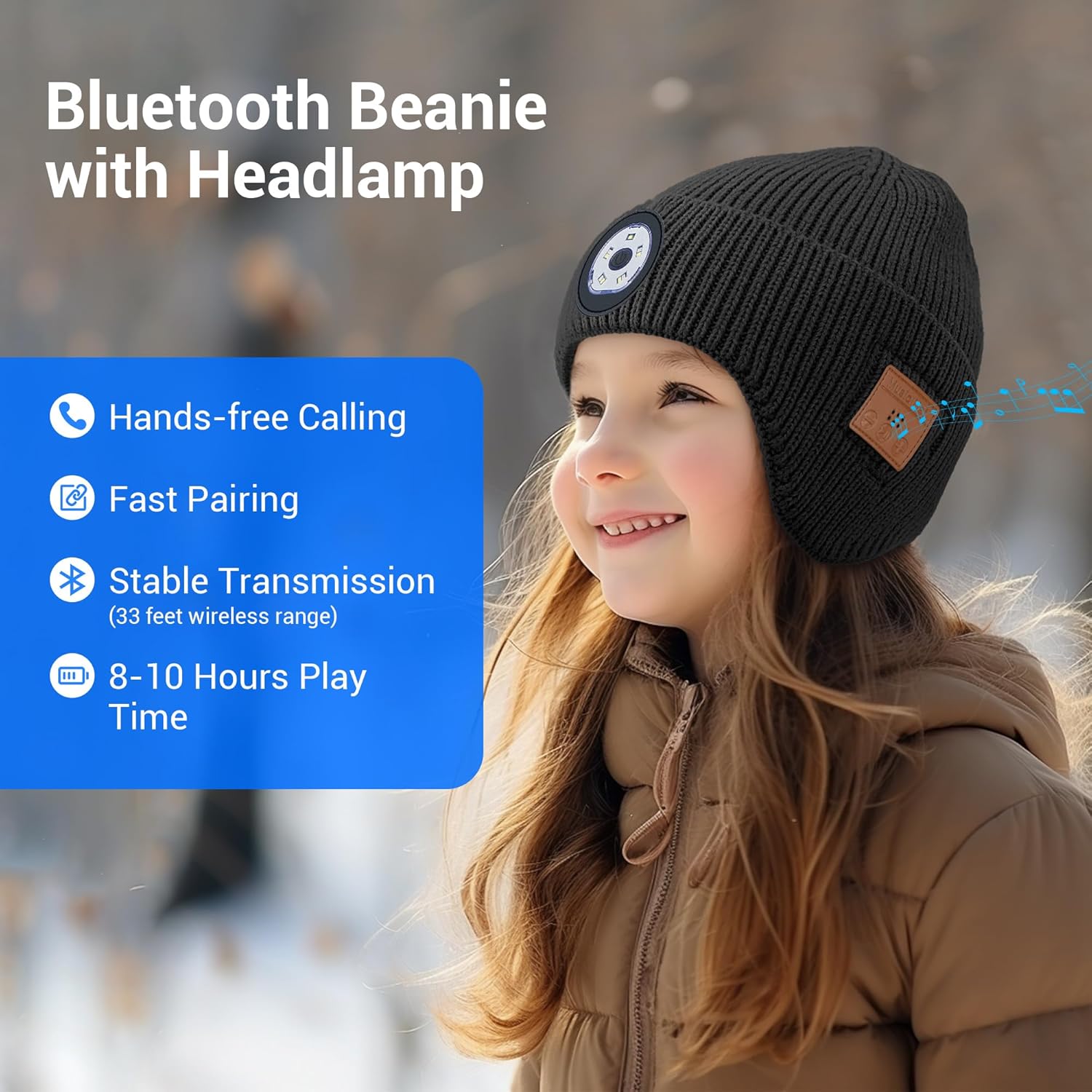 Gorro Bluetooth con luz LED para niños, micrófono integrado y altavoces estéreo, gorro de punto con música recargable por USB (negro, niño)
