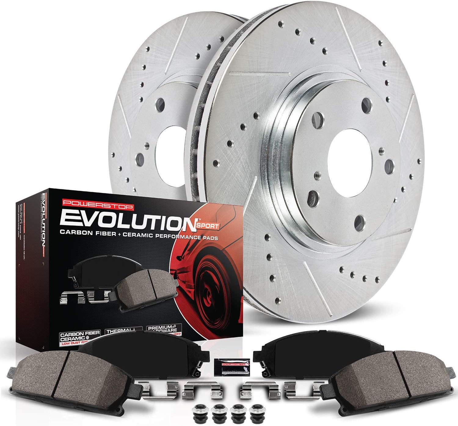 Power Stop K1150 Front Z23 Pastillas de freno de fibra de carbono con kit de rotores de freno perforados y ranurados