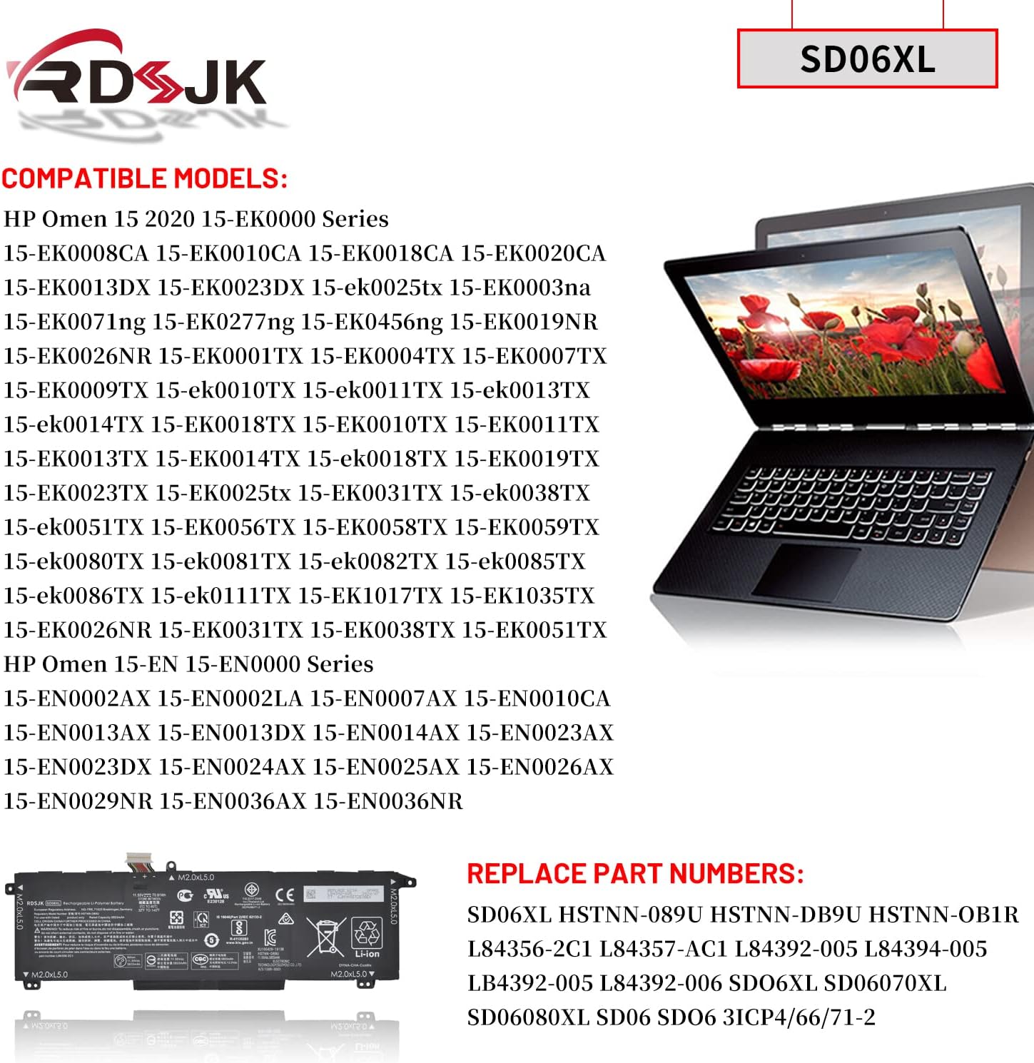 SD06XL – Batería para portátil HP Omen 15-EK 15-EK0000 15-EN 15-EN0000 15-EK0051TX 15-EK0009TX 15-EN0029NR 15-EN0036NR Series SD06070XL HSTNN-DB9U