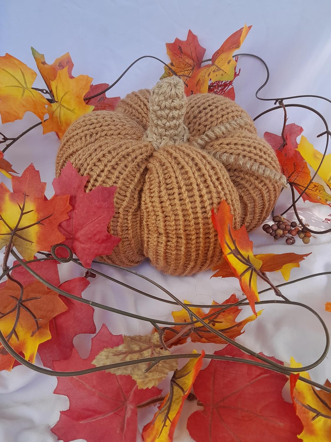 Knit Pumpkin for Autumn Fall Decor Halloween Thanksgiving Harvest. Style rustic Farmhouse, Cottage, 100% Handmade in USA (Camel)