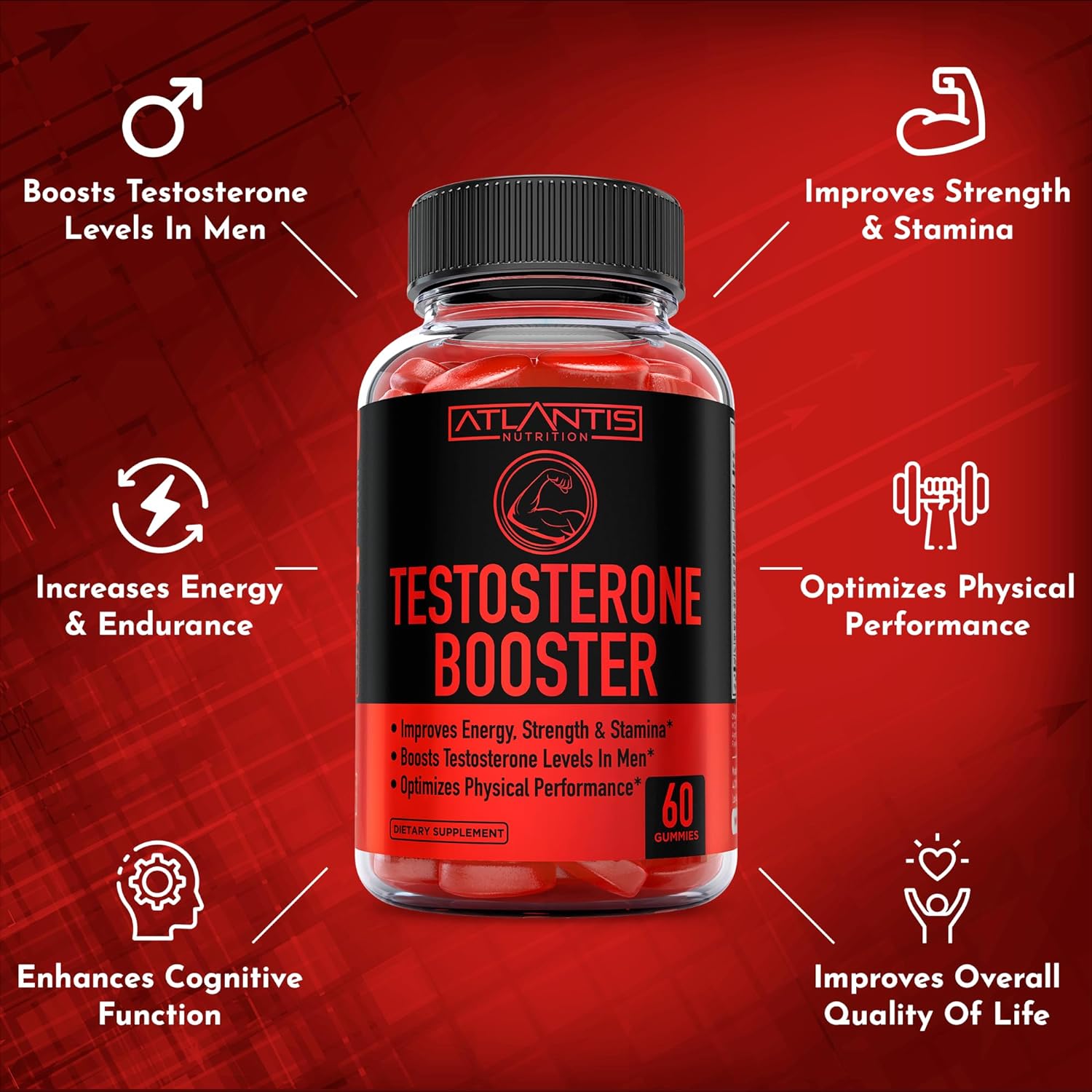 Atlantis Nutrition Paquete de 2 potenciadores de testosterona (120 gomitas) + Ashwagandha 60 gomitas