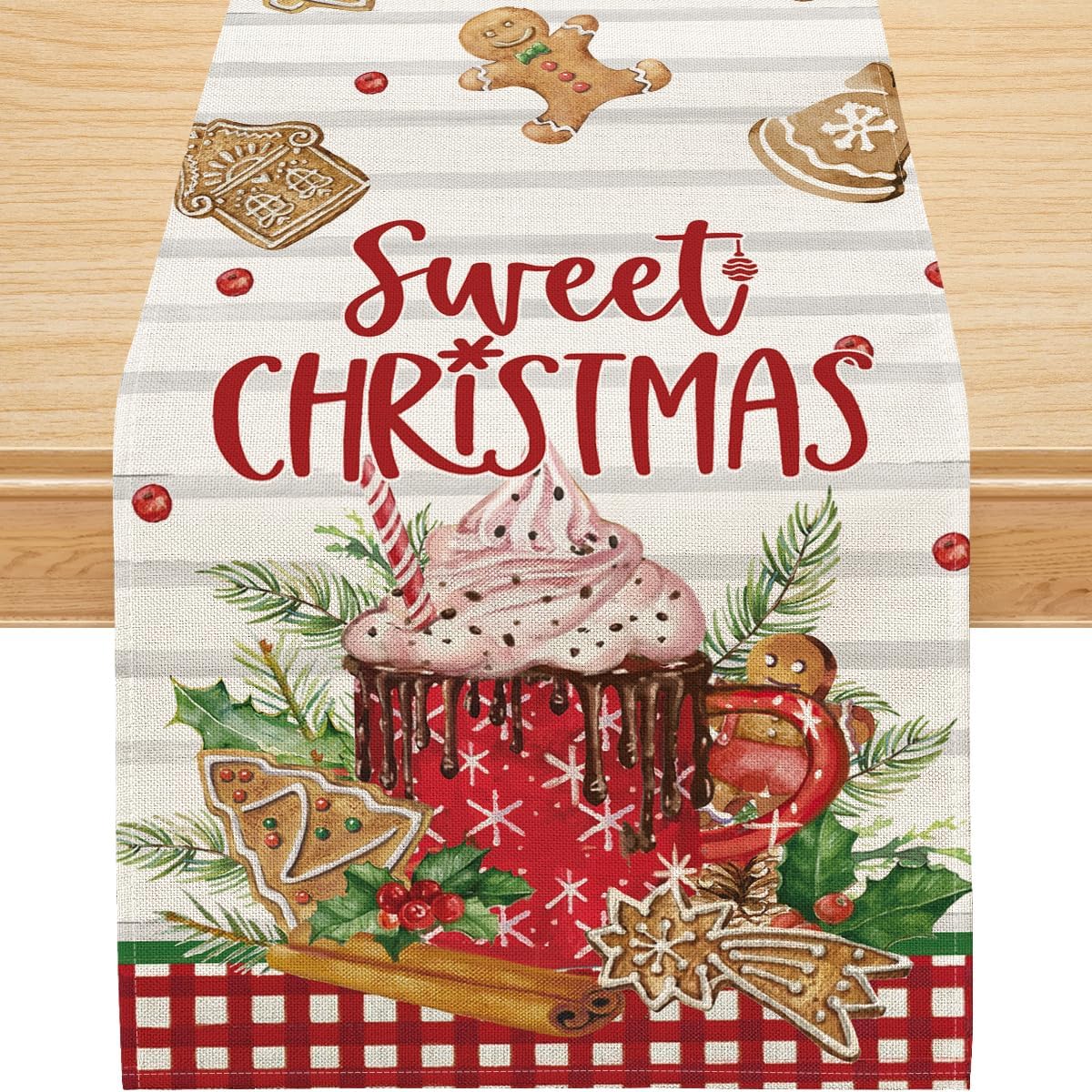 Siilues Camino de mesa de Navidad, decoración navideña de pan de jengibre, helado, dulce camino de Navidad para mesa, decoración de vacaciones de