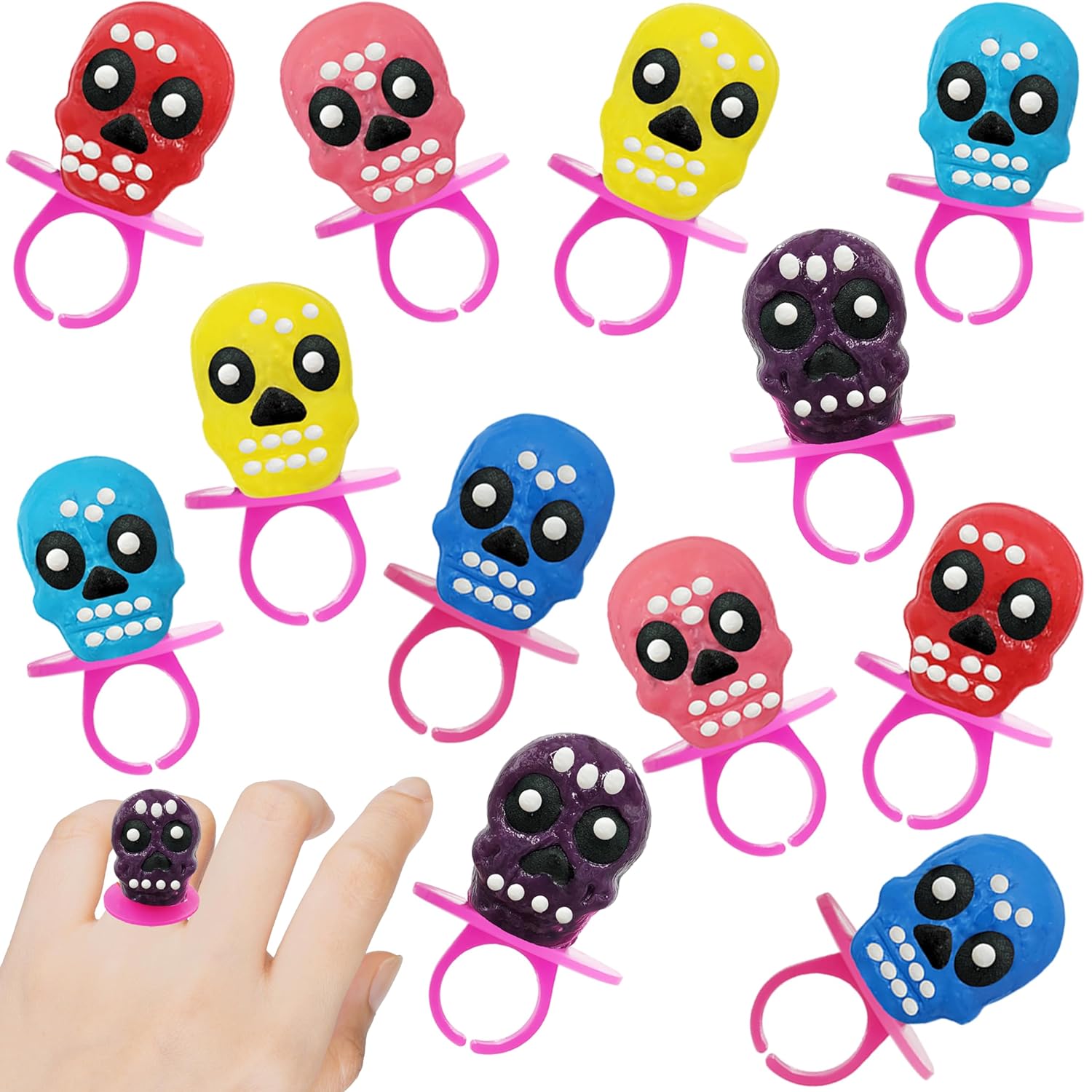 Anillos de caramelo de calavera de Halloween, Día de los Muertos, caramelo duro, envueltos individualmente (paquete de 12)