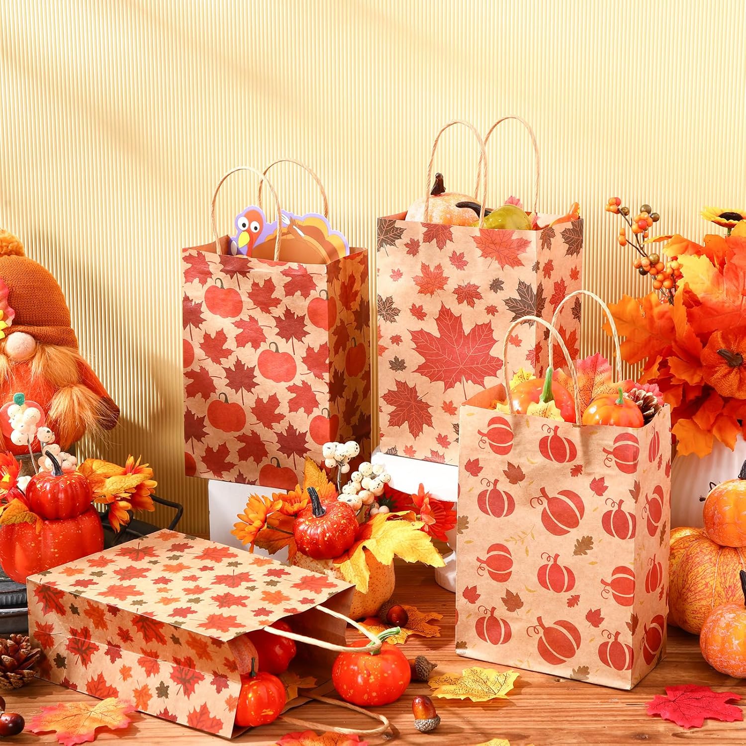 Yeaqee 100 bolsas de regalo de Acción de Gracias, bolsas de regalo de papel kraft de Acción de Gracias con asas, bolsas de regalo de calabaza, pavo,